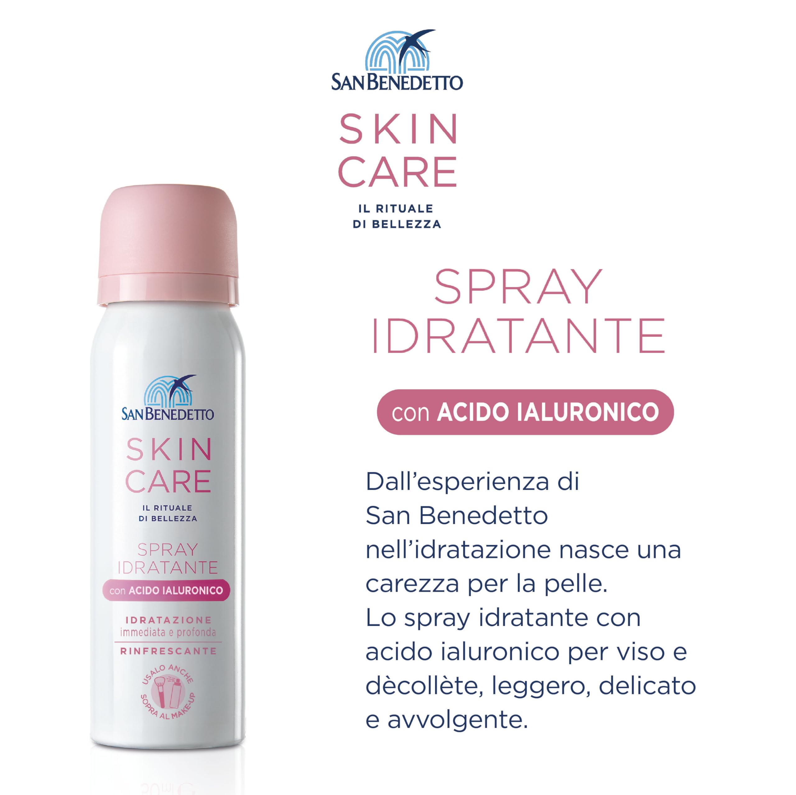 San Benedetto SKIN CARE MIST, Spray Idratante Viso con Acido Ialuronico 50ml, Effetto Nuvola Ideale Sopra il Make-up e in Viaggio, 97% Ingredienti Origine Naturale, Testato per Pelli Sensibili