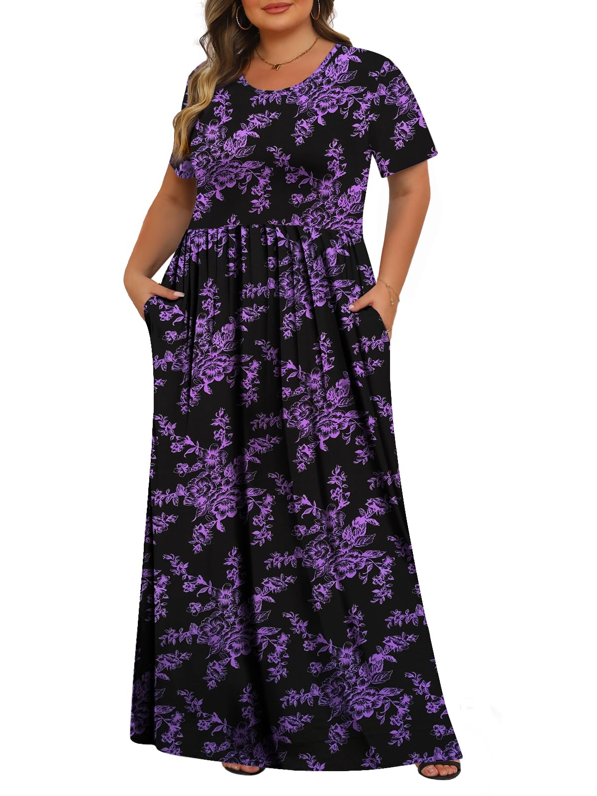 Tencede Womens Plus Size Maxi Dresses Summer 2025 Casual Short Sleeve with Pockets Long Dress 1X-5X