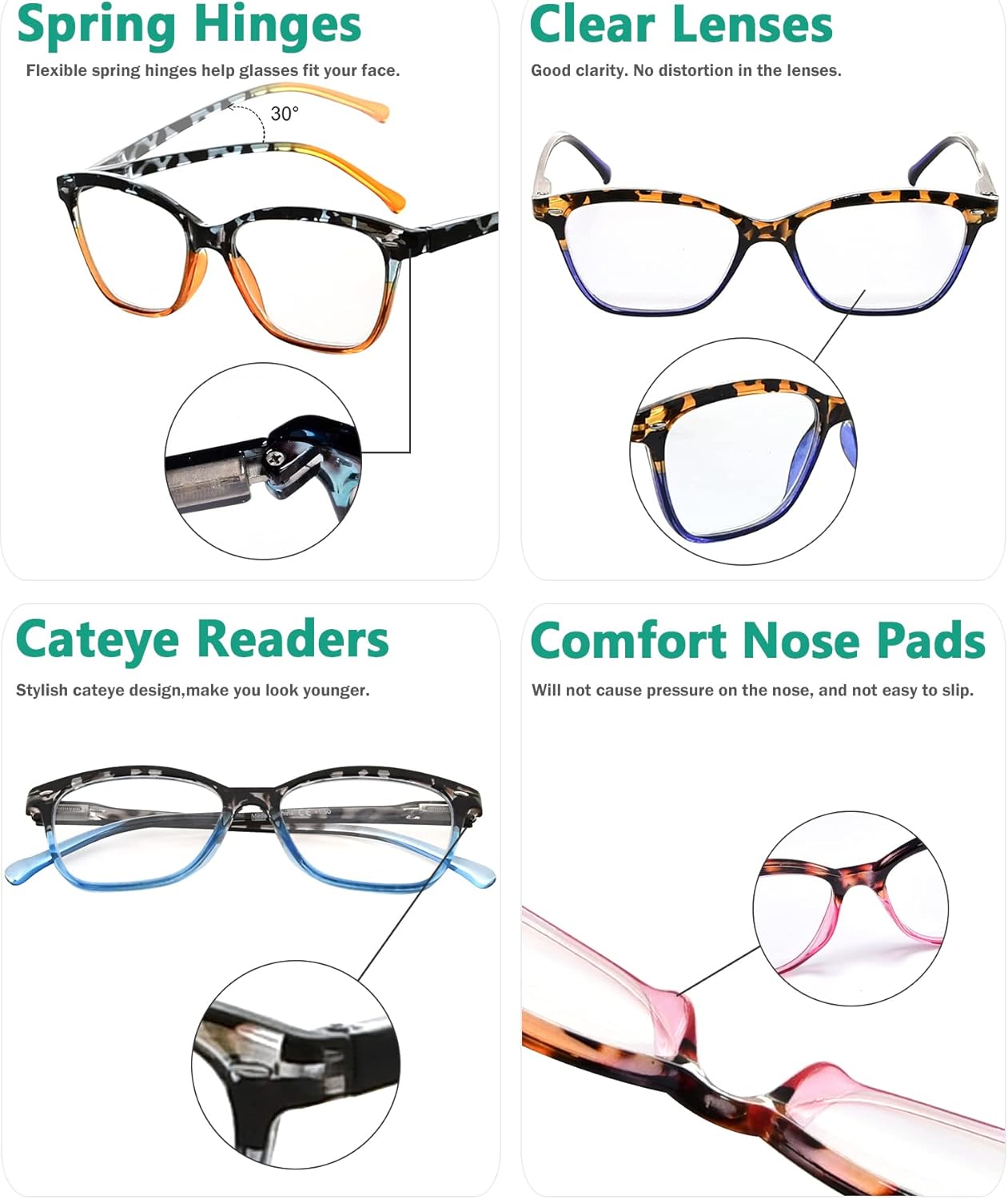 Eyekepper 5 Pack Reading Glasses Women Cat-eye Readers Stylish Tortoise Reading Eyeglasses