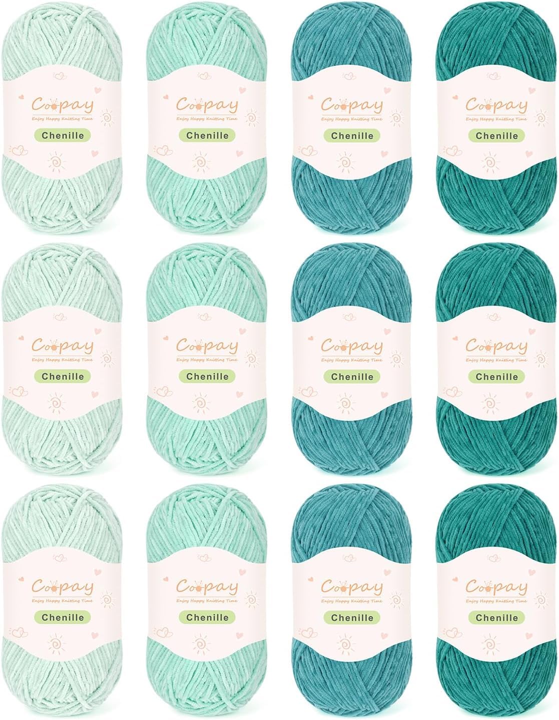 Coopay Chenille Yarn 600g(12×50g), Skinny Chenille Yarn for Crocheting and Knitting, Soft Velvet Thin Chenille Yarns Set for Crochet Blankets, Plush Dolls, Scarves, Socks & DIY Crafts, Green