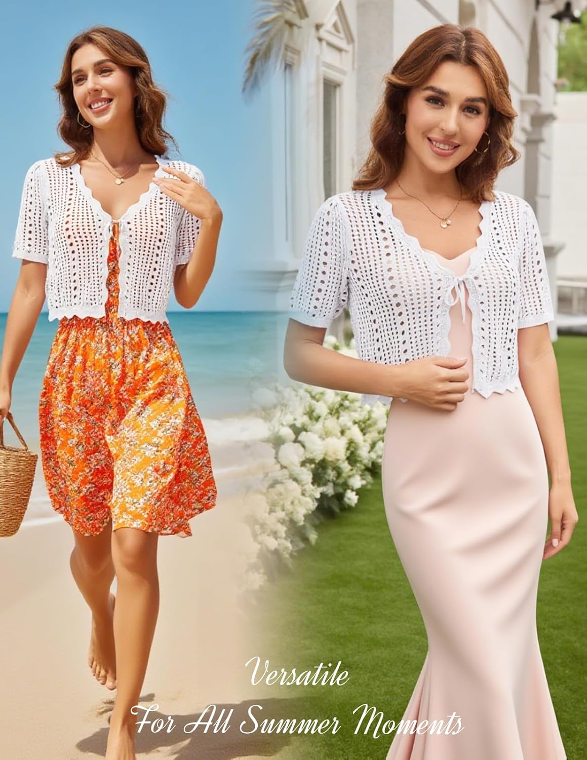 Kate Kasin Women Crochet Shrug Sweater Tie Front Knit Bolero Shrug for Dress Short Sleeve Cropped Cardigan - Image 5