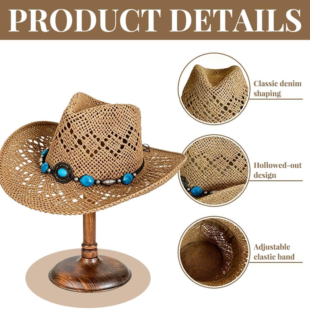Western Straw Cowboy Hats Cowgirl Hat for Holiday Woven Beach Sun Hat with Shapeable Wide Brim Cowboy Hat for Women's/Men's