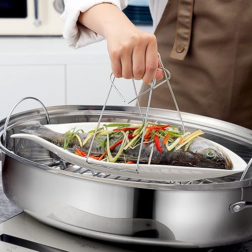Miniatura 4 de Asador de pollo de alta cúpula ovalada de acero inoxidable con tapa y estante sartén grande cubierta para pavo, 3 tamaños, plateado (extra grande)