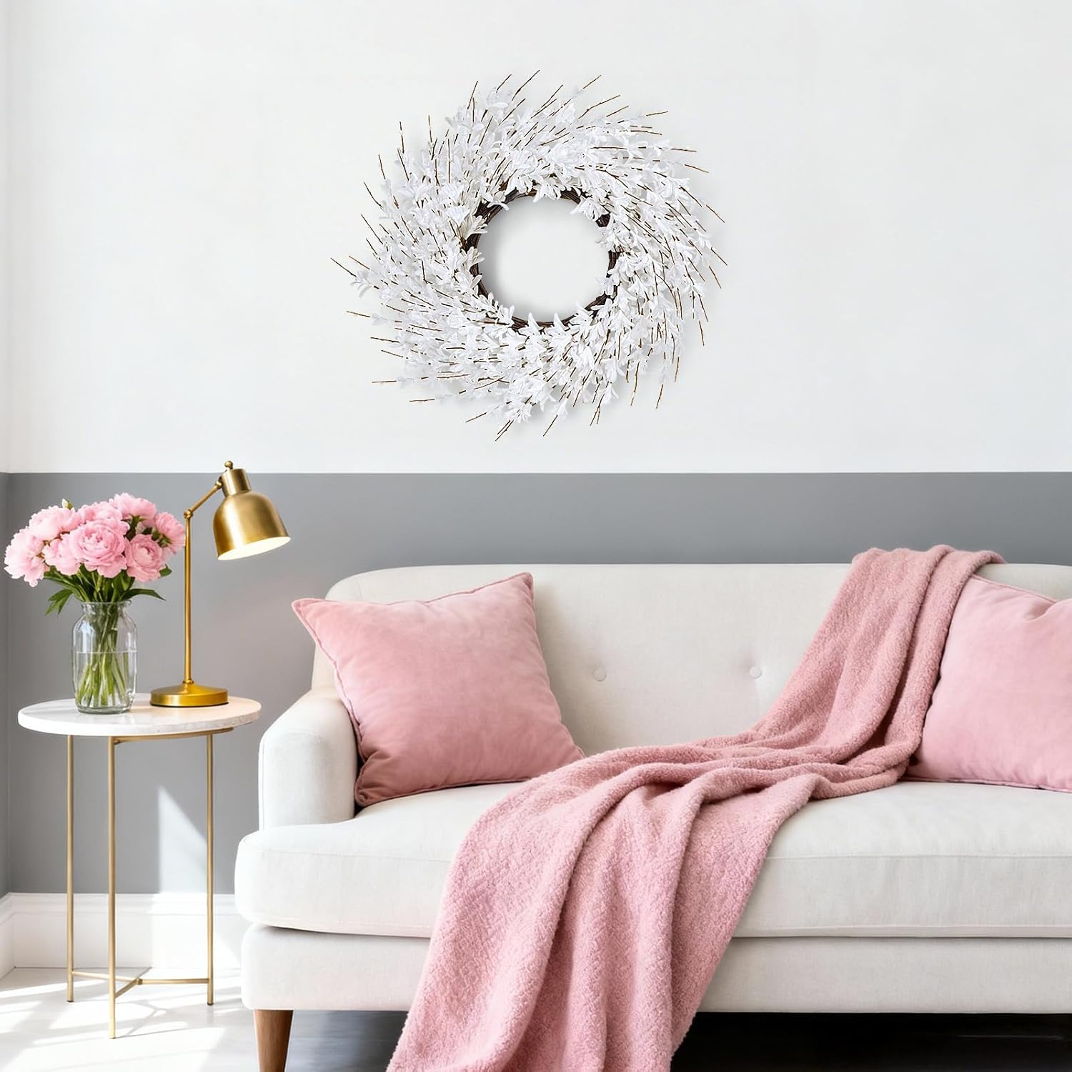 GTIDEA 24" Spring Wreath Forsythia Wreath for Front Door, Artificial White Forsythia Flower Wreath on Grapevine for Home Indoor Outdoor Wall Window Garden Porch Farmhouse Spring Decor