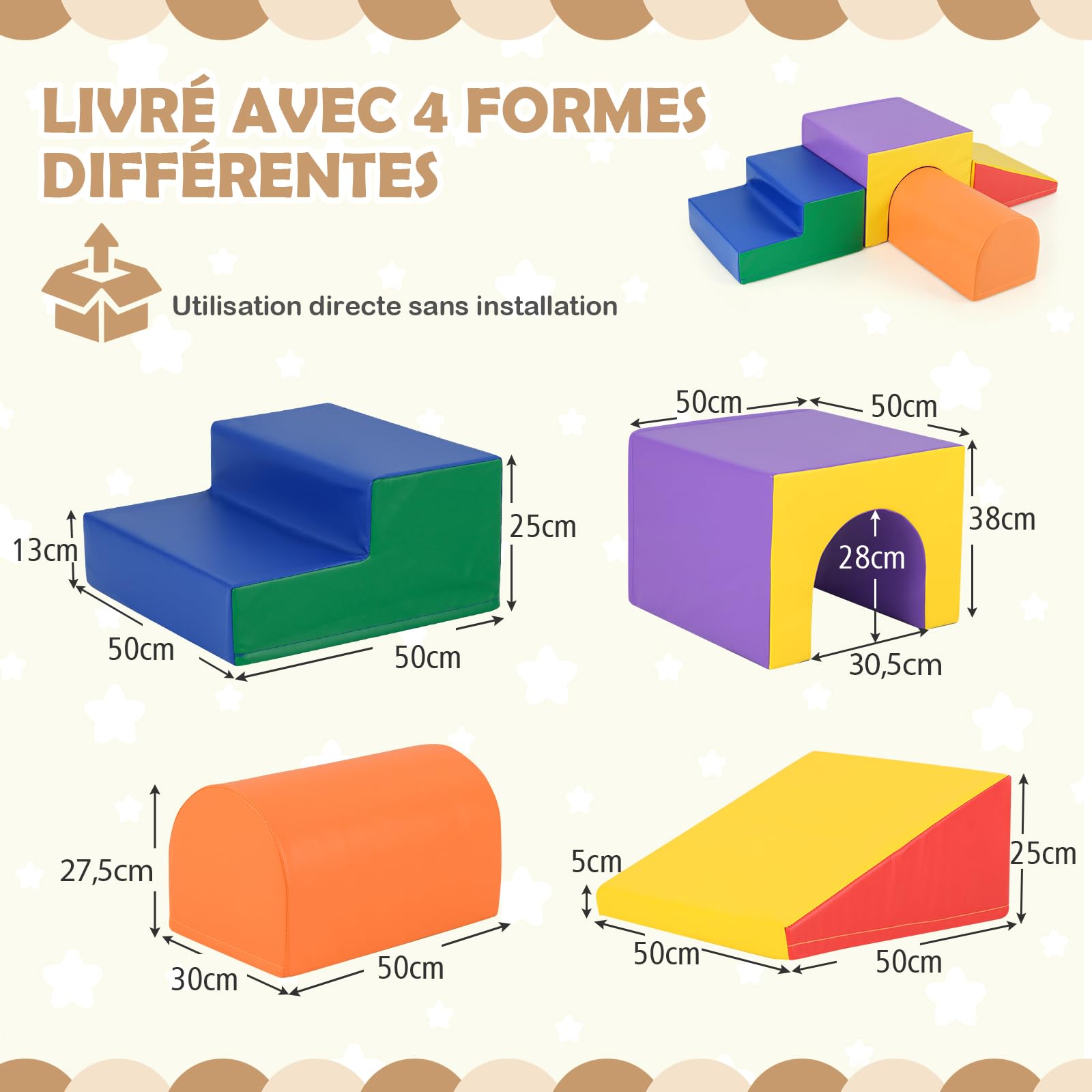 GOPLUS 4 PCS Parcours Motricité Bébé, Module Motricité en Mousse, PU+EPE Haute Densité, Attaches Auto-Agrippantes, Jouets Montessori Convient pour 3 Ans+ (Bleu+Orange)
