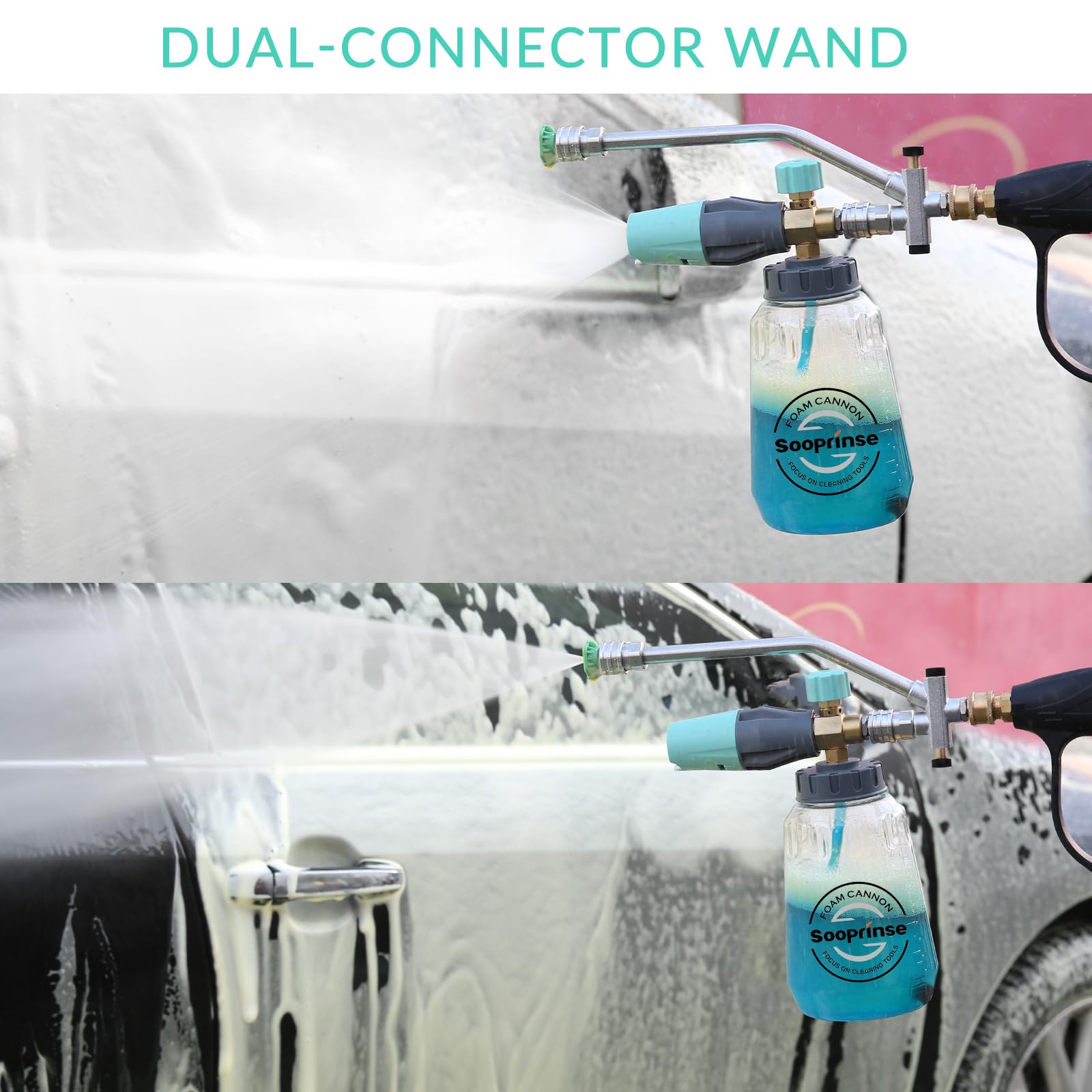 Sooprinse Cañón de espuma para lavadora a presión con accesorio de doble conector, cañón de jabón de lavado a presión con accesorio de doble punta, 5 puntas de boquilla de lavado eléctrico, conexión