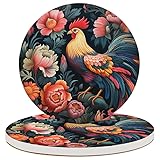 Round Coasters Set of 2, Flowers Rootser Feathers Absorbent Ceramic Coaster with Cork Base, Bar Coasters for Drinks Coffee Mugs Tea Cups Wine Glasses Home Decor Gifts (4 inches)