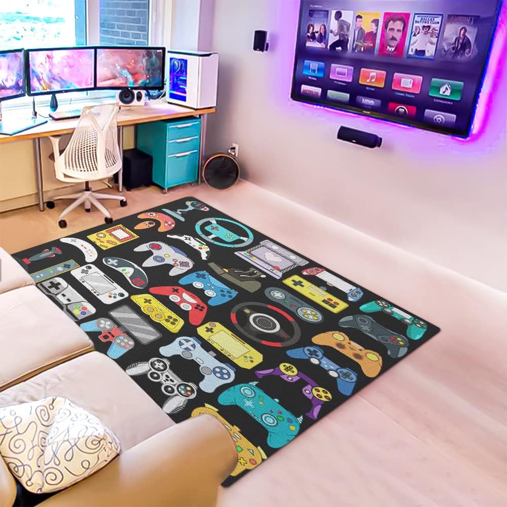 Video Game Room Rug Teen Boys Mens Game Theme Room Bedroom Decor, Colorful Gamepad Gaming Controller Design for Teenage Boys Living Room Desk Carpet Mat Non-Slip 59"*39"