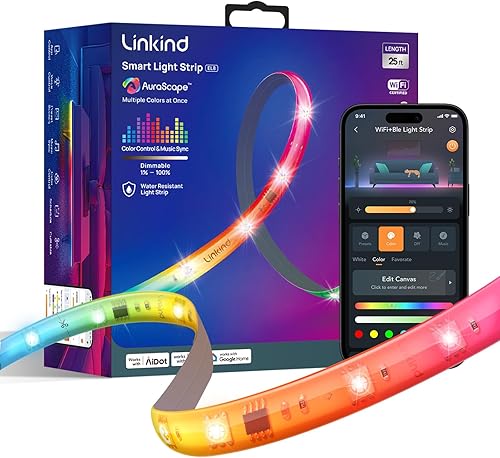 Linkind Tira de luces LED RGB de 25 pies, tira de luz inteligente que funciona con Alexa y Google Home, control de aplicación, sincronización de