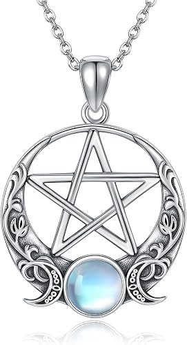Pentagram Necklace Triple Moon Goddess Necklace Created Moonstone