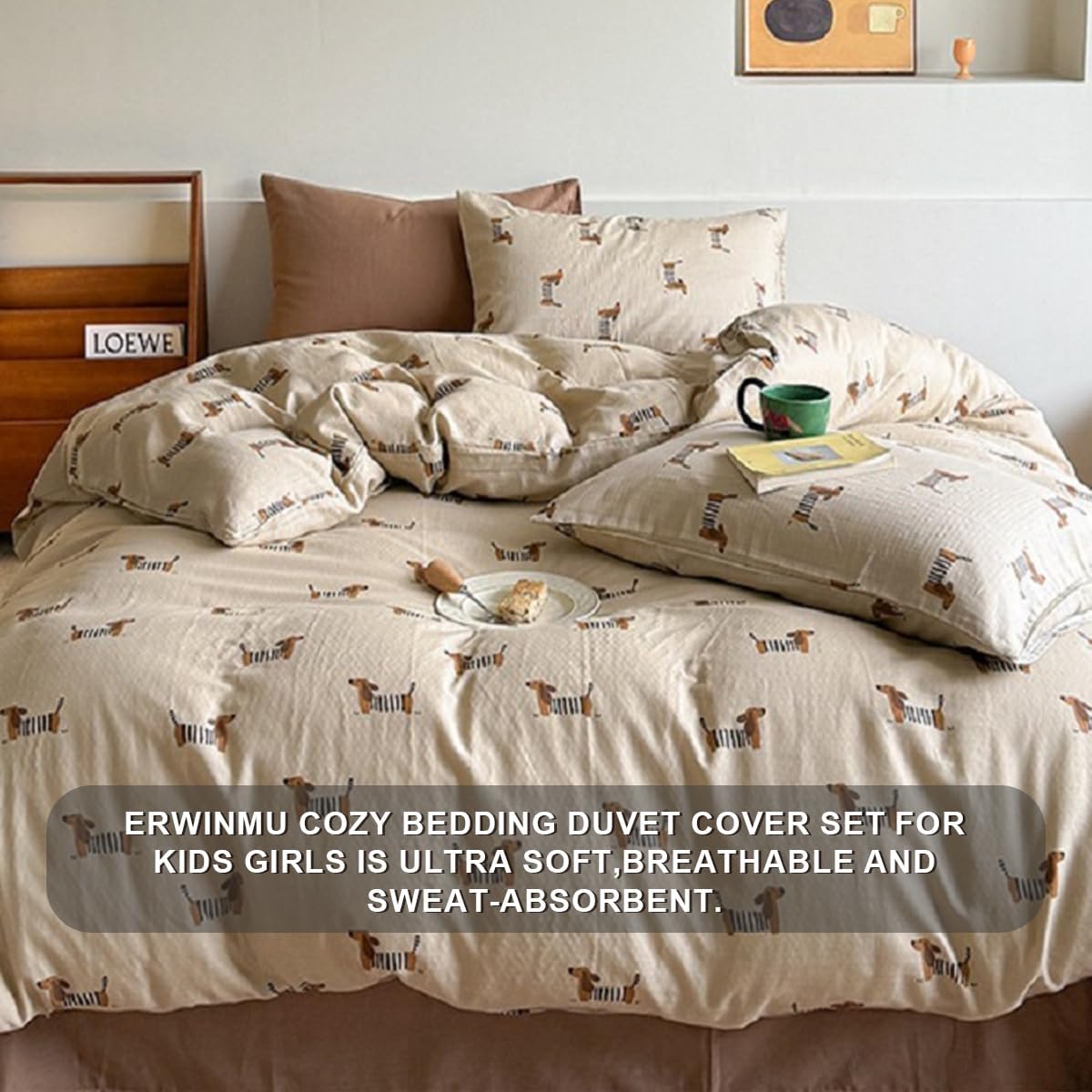 Duvet Cover Set Twin Size Brown Dachshund Bedding Set for Girls Boys,Dog Puppy Duvet Cover Kids with Zipper Closure and 1 Pillowcase - Image 2