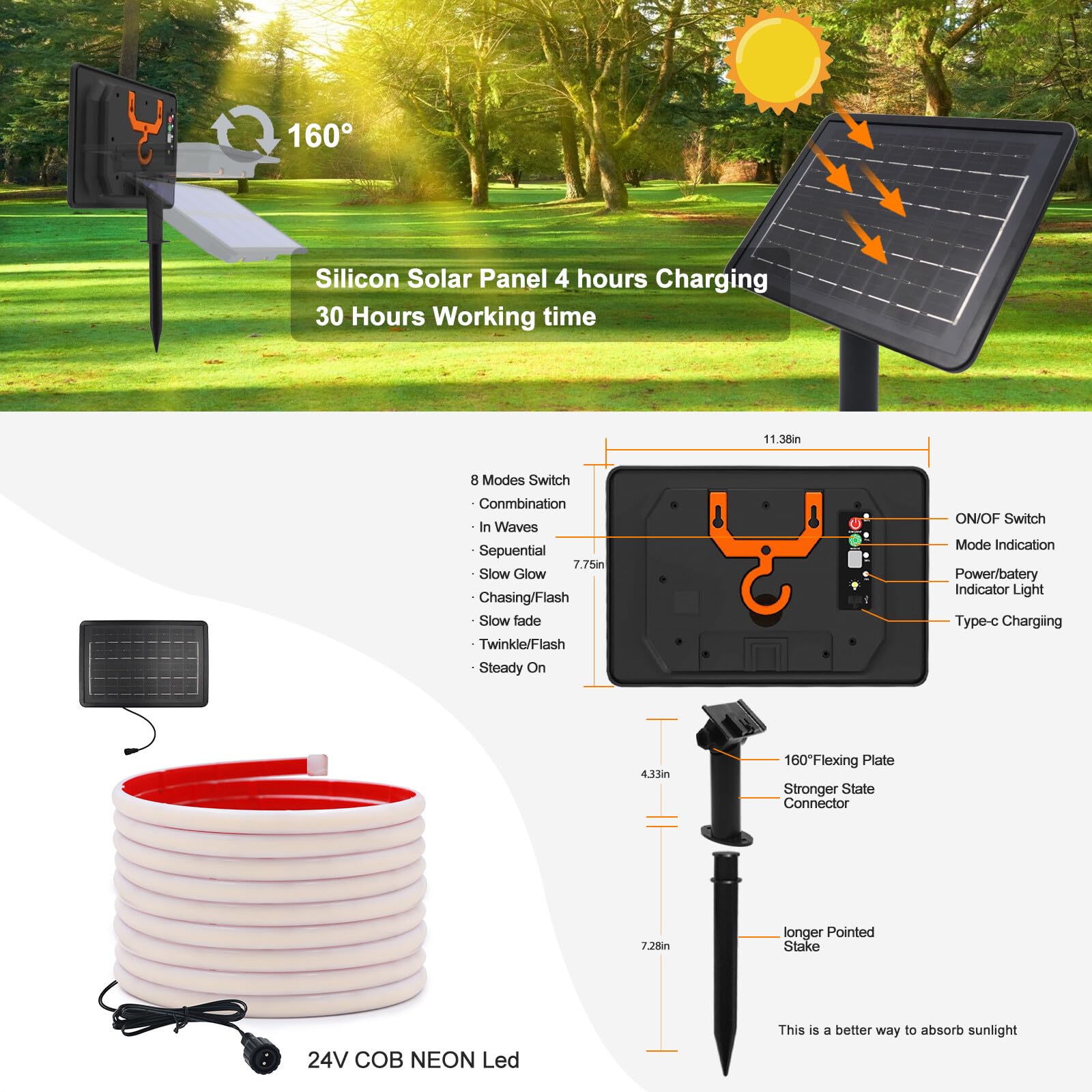 24V COB LED tira de neón [10m, Ice Blue], 2400MAH controlador de panel solar, 8 modos, IP68 a prueba de agua flexible FCOB LED tira de neón para el dormitorio Jardín Pasillo Decoración
