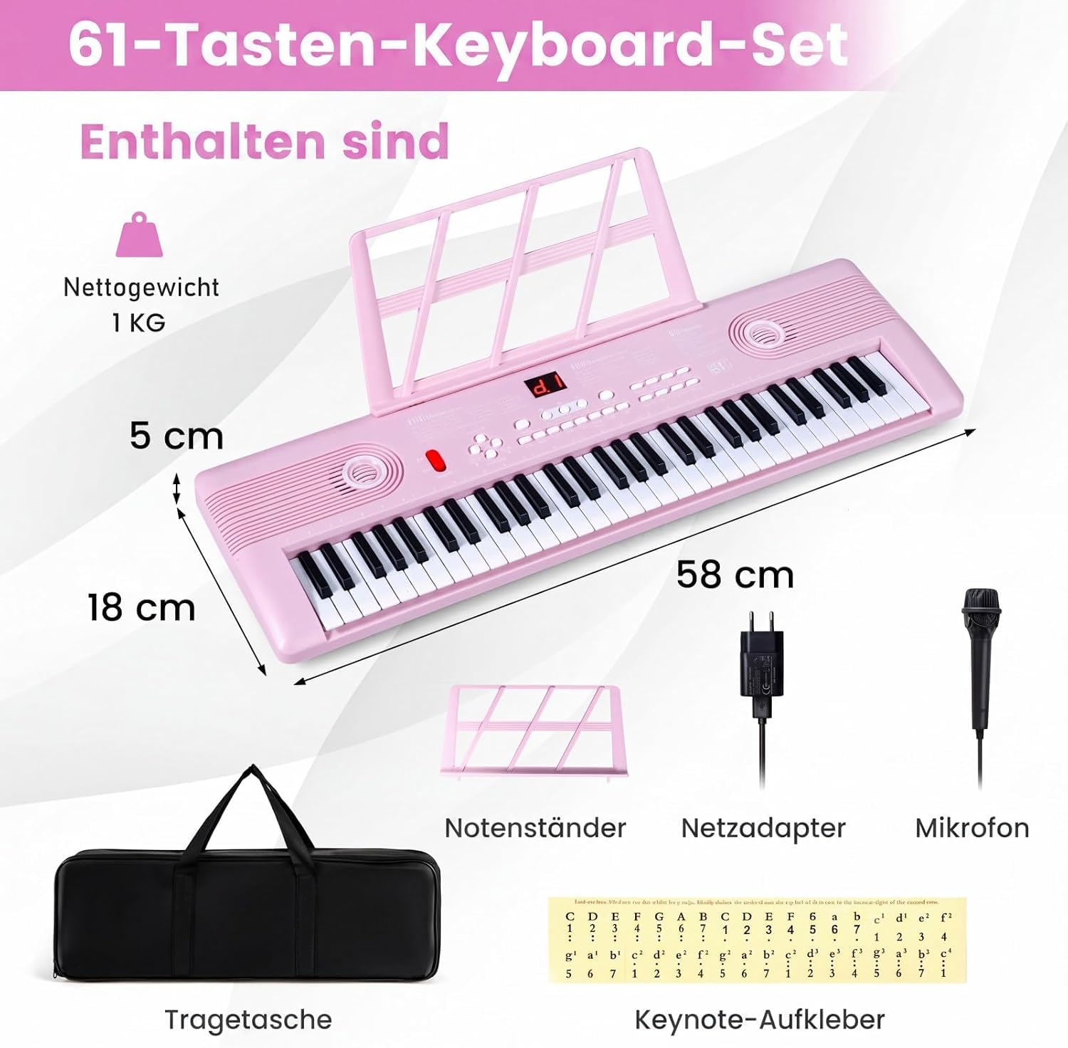 RELAX4LIFE Keyboard Piano 61 Tasten, Digitalpiano für Anfänger (Rosa) | E-Piano mit Mikrofon, Notenständer, 100 Klänge und Rhythmen, 10 Demo-Songs, tragbares Einsteiger Klavier mit Tragetasche