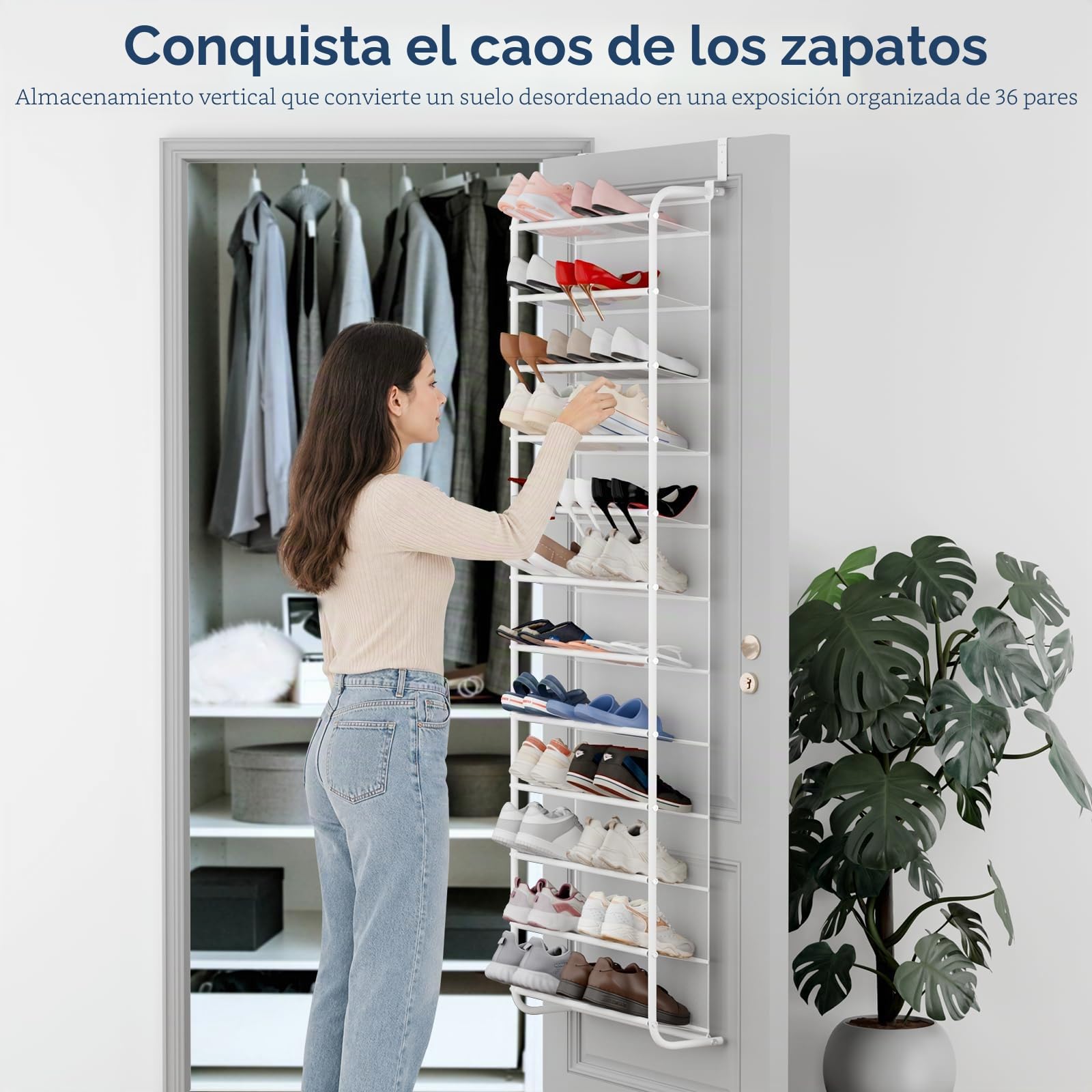 Whitmor Organizador de zapatos sobre la puerta, capacidad para hasta 36 pares de zapatos, metal y malla, color blanco