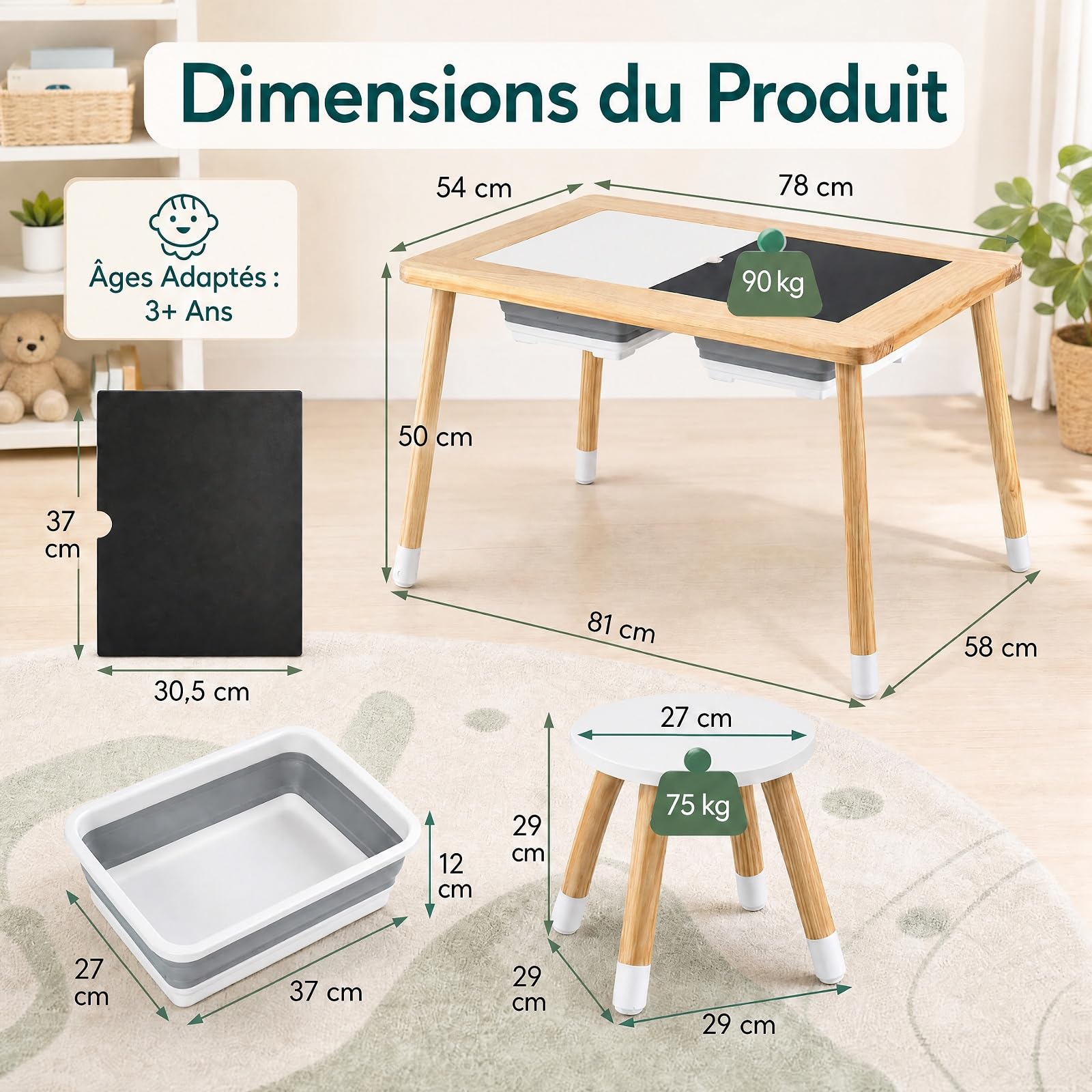 GOPLUS Table Sensorielle Enfant Extérieure avec 2 Chaises (Naturel)