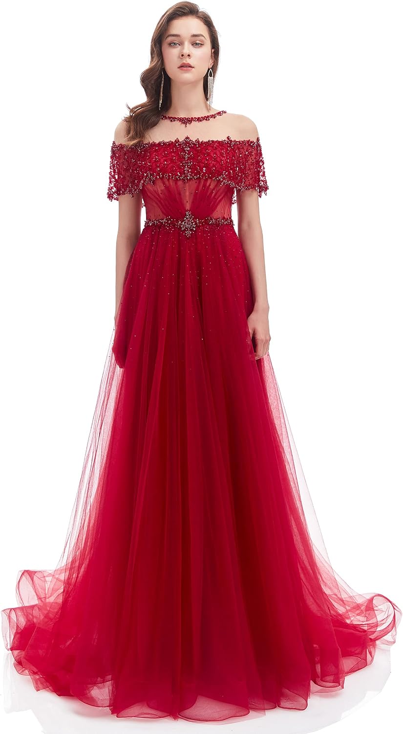 Women's A-Line Beaded Sequins Sweep-Train Tulle Evening Dress