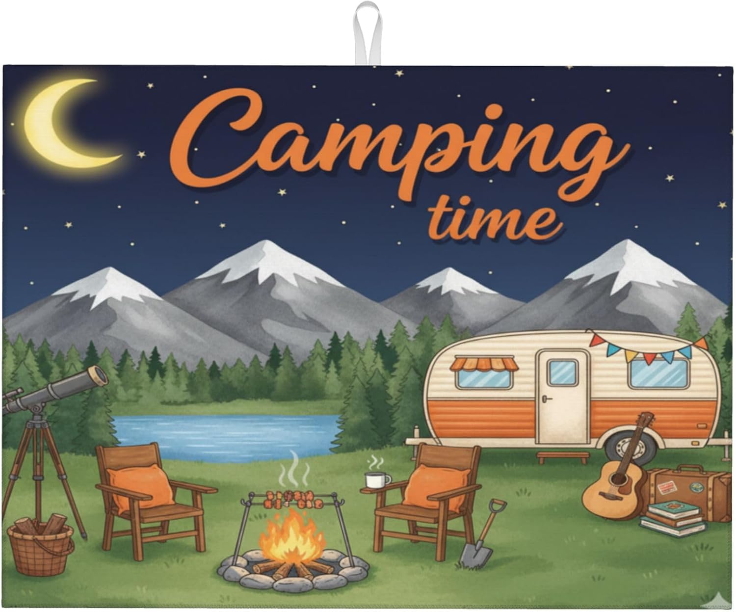 Dish Drying Mat for Kitchen Counter - Camping Time Retro Camper Absorbent Heat Resistant Microfiber Dishes Drainer Mat - Kitchen Gadgets Large Coffee Machine Dish Rack Pad 18"X24"