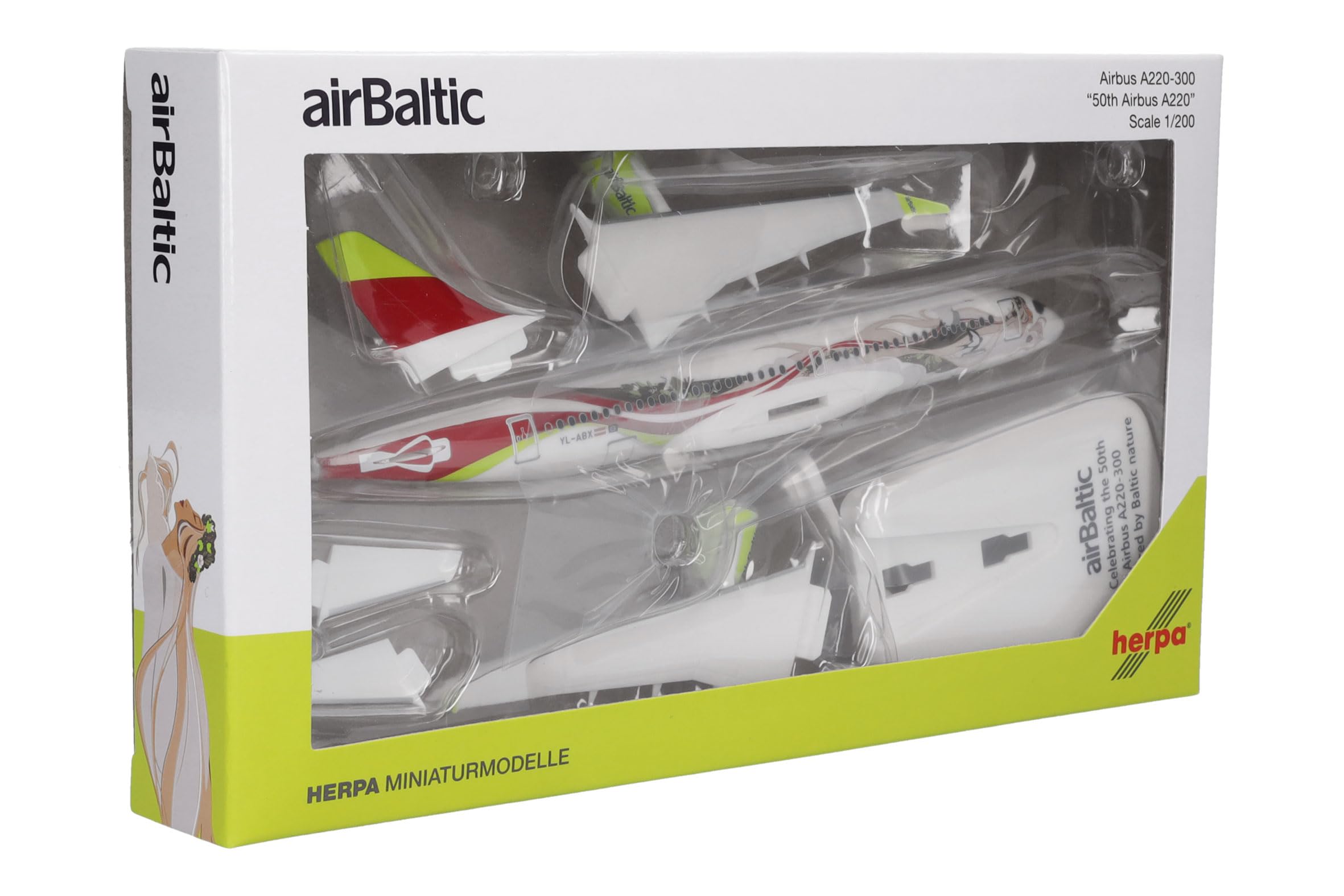 Herpa Snap-Fit modèle réduit Avion airBaltic Airbus A220-300 50th A220 - YL-ABX, Miniature à l’échelle 1:200, pièce de Collection, modèle avec Socle, Plastique