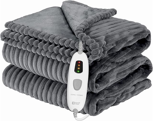 ZonLi Heated Throw Blanket -Electric Blanket Throw with 4 Heating Levels & 6H Auto OffMachine Washable Soft Flannel Heating Blanket for Bedroom Office Couch ETL CertifiedGrey, 130× 180CM