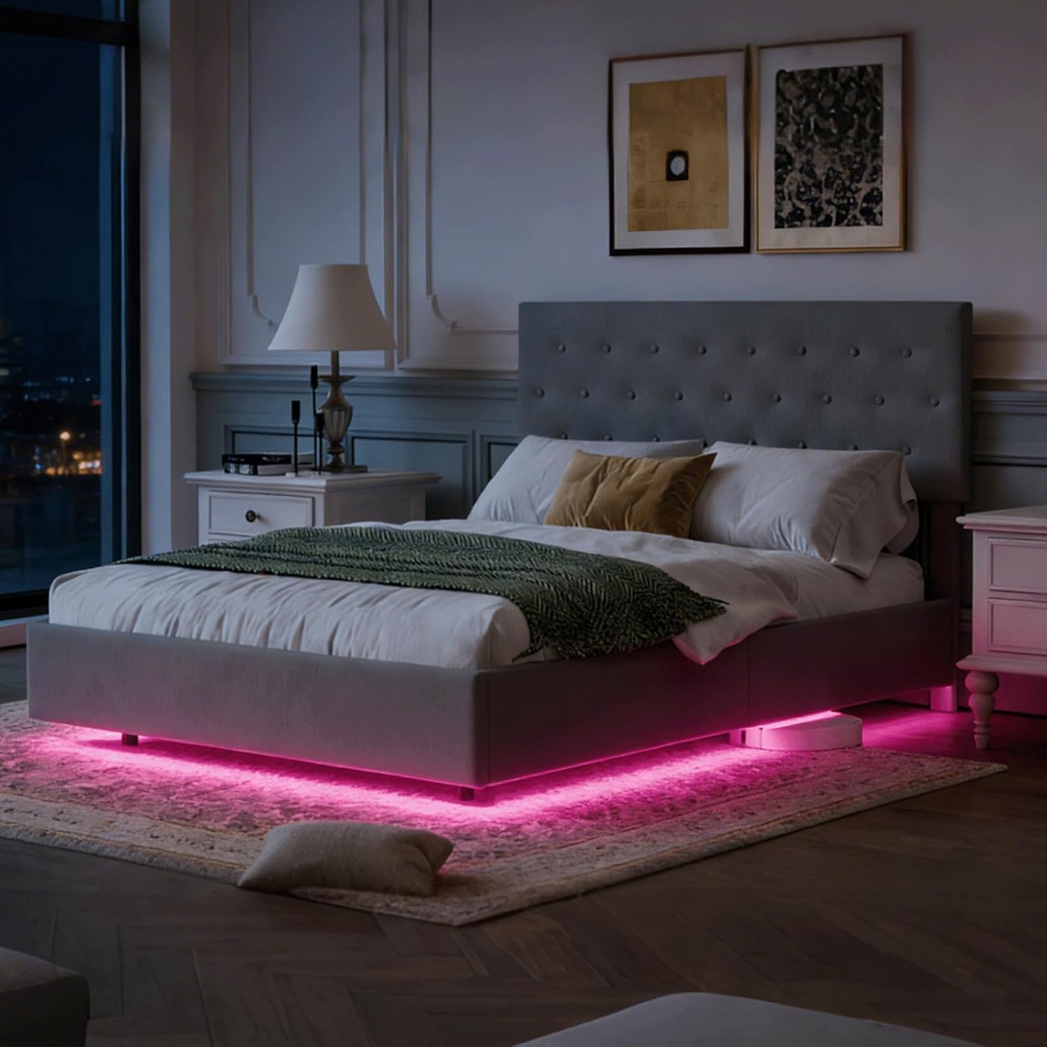 Queen Bed Frame Square Stitched Button/with Charging Station and LED Headboard/Upholstered Platform Bed Frame/Easy Assembly/Wooden Slats Support/No Box Spring Needed/Grey