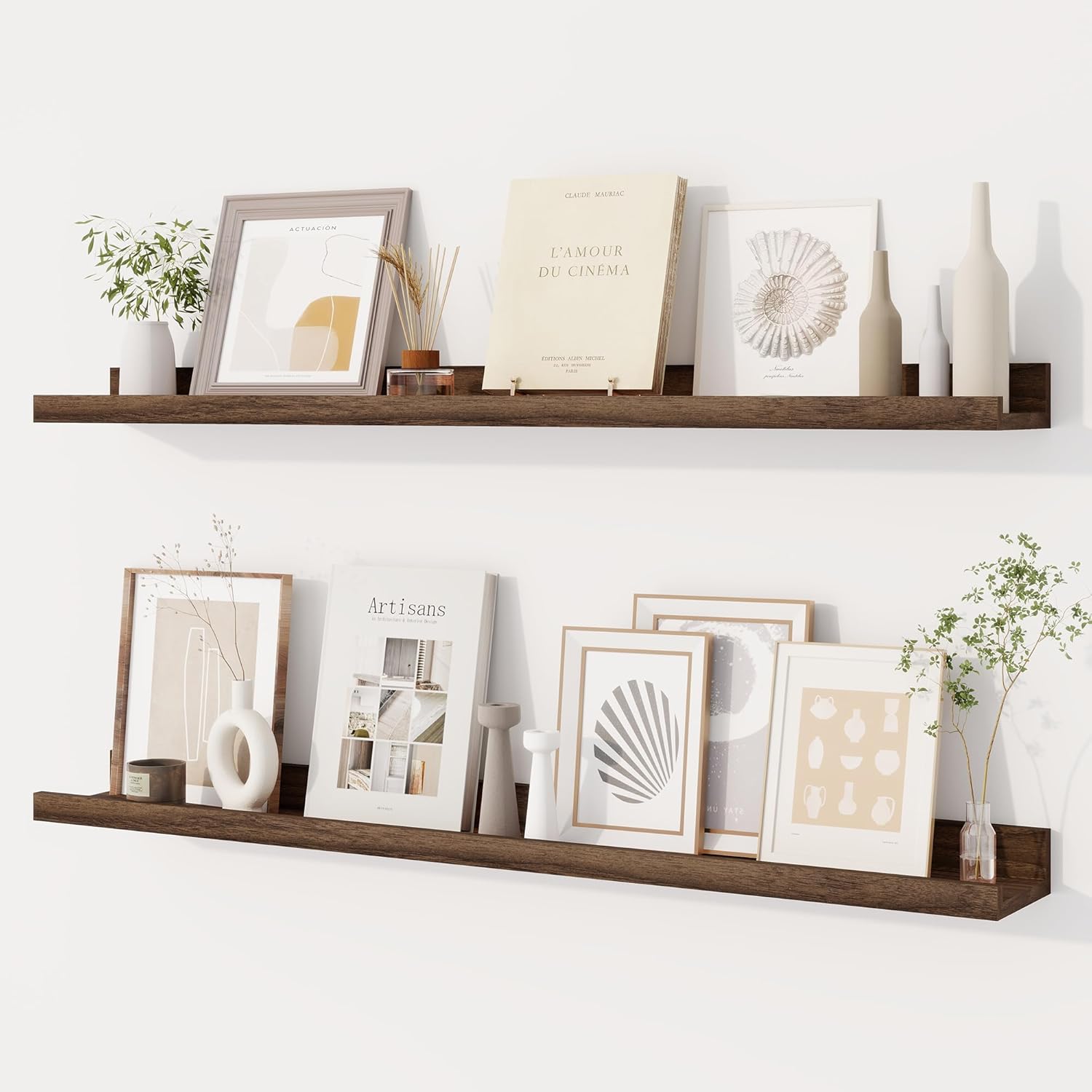 Dreamland Picture Ledge Shelf for Wall, Floating Shelves Set of 2, 36 Inch Long Floating Shelves with Lip for Living Room, Bedroom, Bathroom, Kitchen, Walnut Walnut 36inch