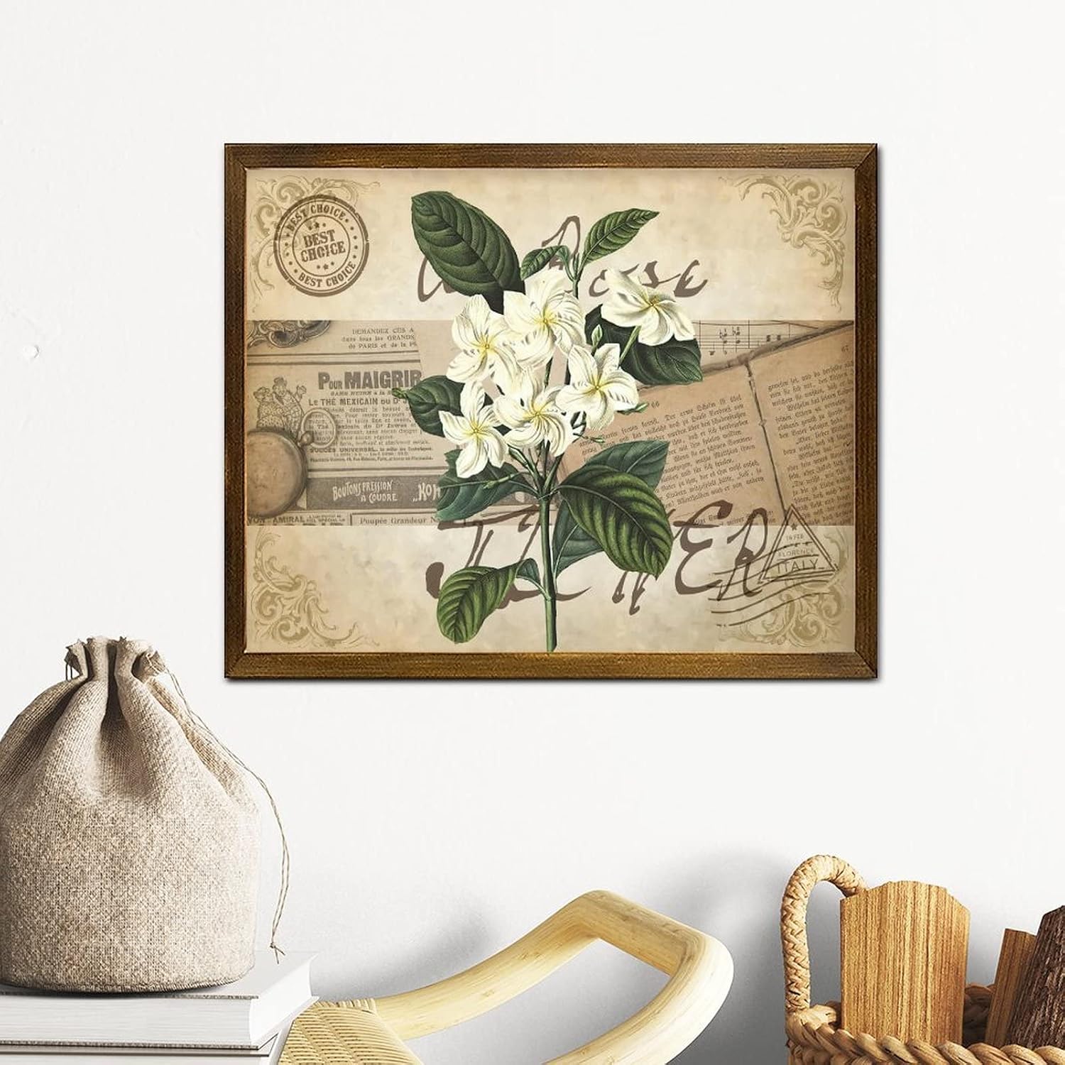 Vintage French Rose Flower Wood Framed Signs Retro Newspaper Music Note Wall Sign Classic Garden Floral Wall Decor Farmhouse Rustic Wooden for Home Bathroom Indoor Kitchen Garden 16x20 Inch