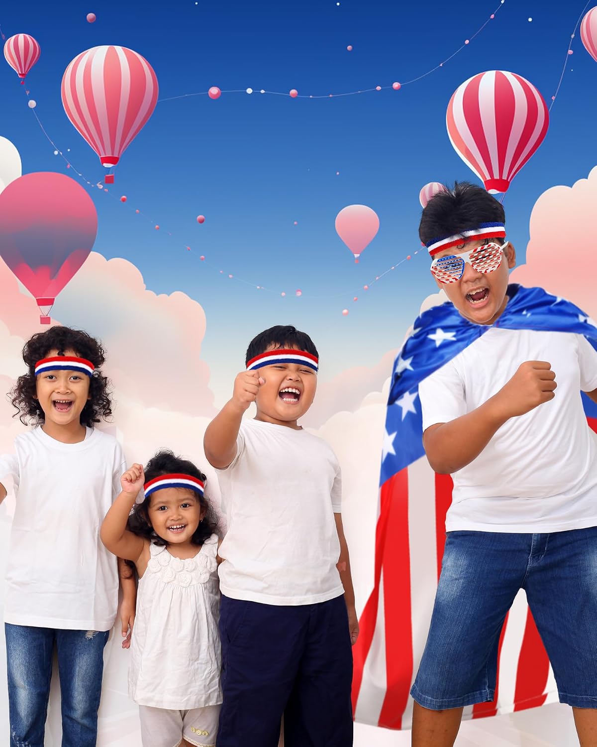Mepase American Flag Cape for Kids USA Outfit Costume Sunglasses Red White Blue Headband Patriotic Supplies