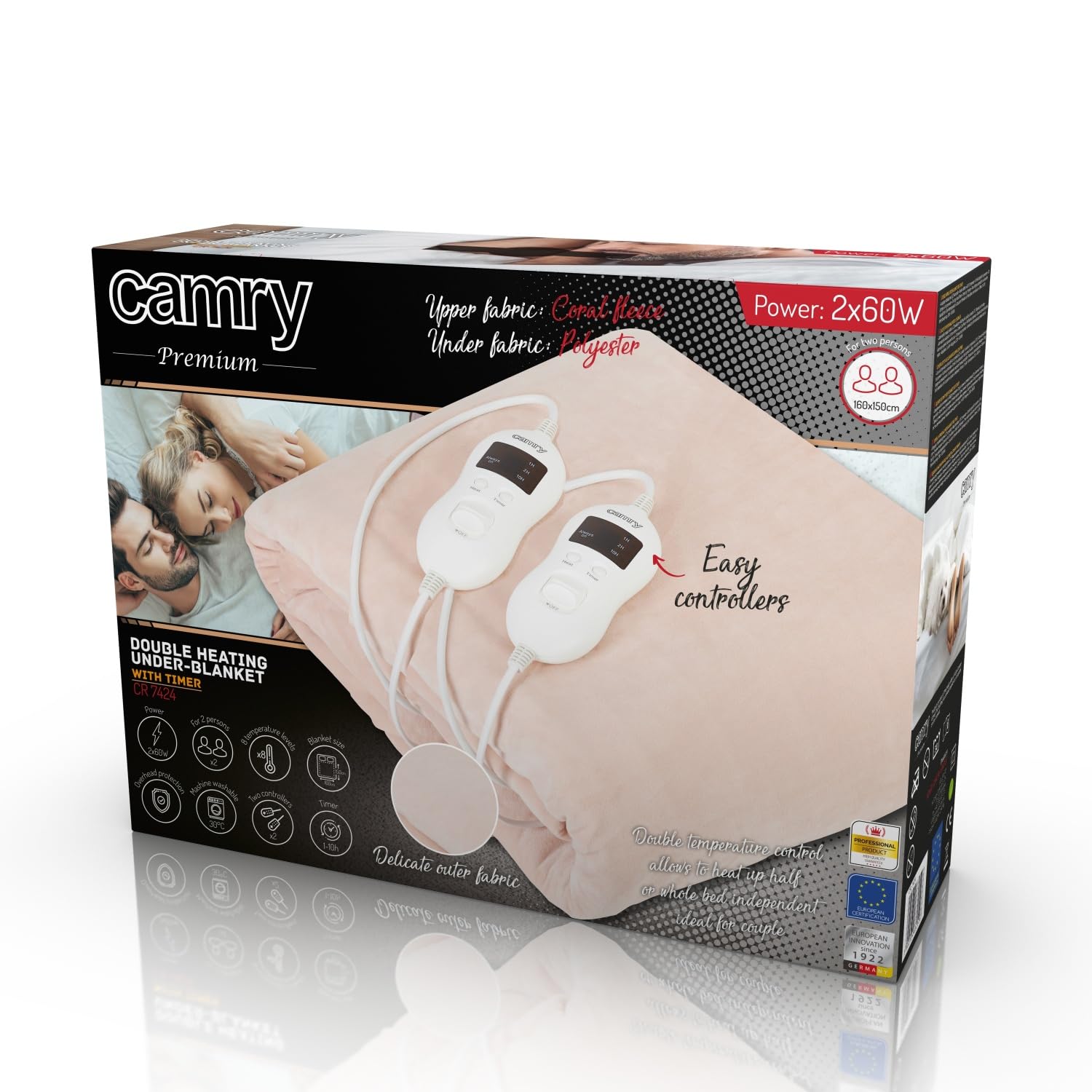 Camry CR 7424 Calienta Camas Eléctrico Doble 150 x 160 cm 8 Niveles Temperatura, Temporizador, Lavable, Forro Polar Beige, 120W