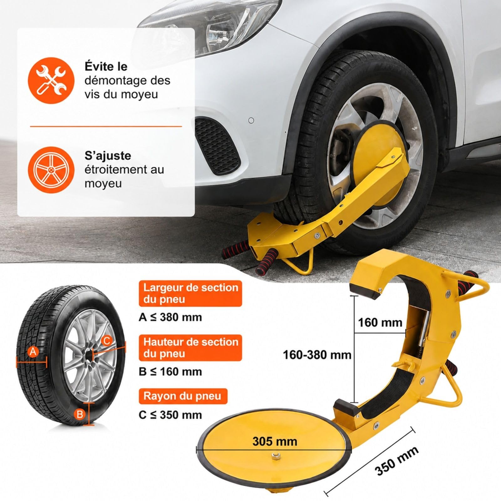 Lot de 2 sabots de roue jaunes en acier Q235 avec ventouse et clés pour voiture caravane camion moto SUV