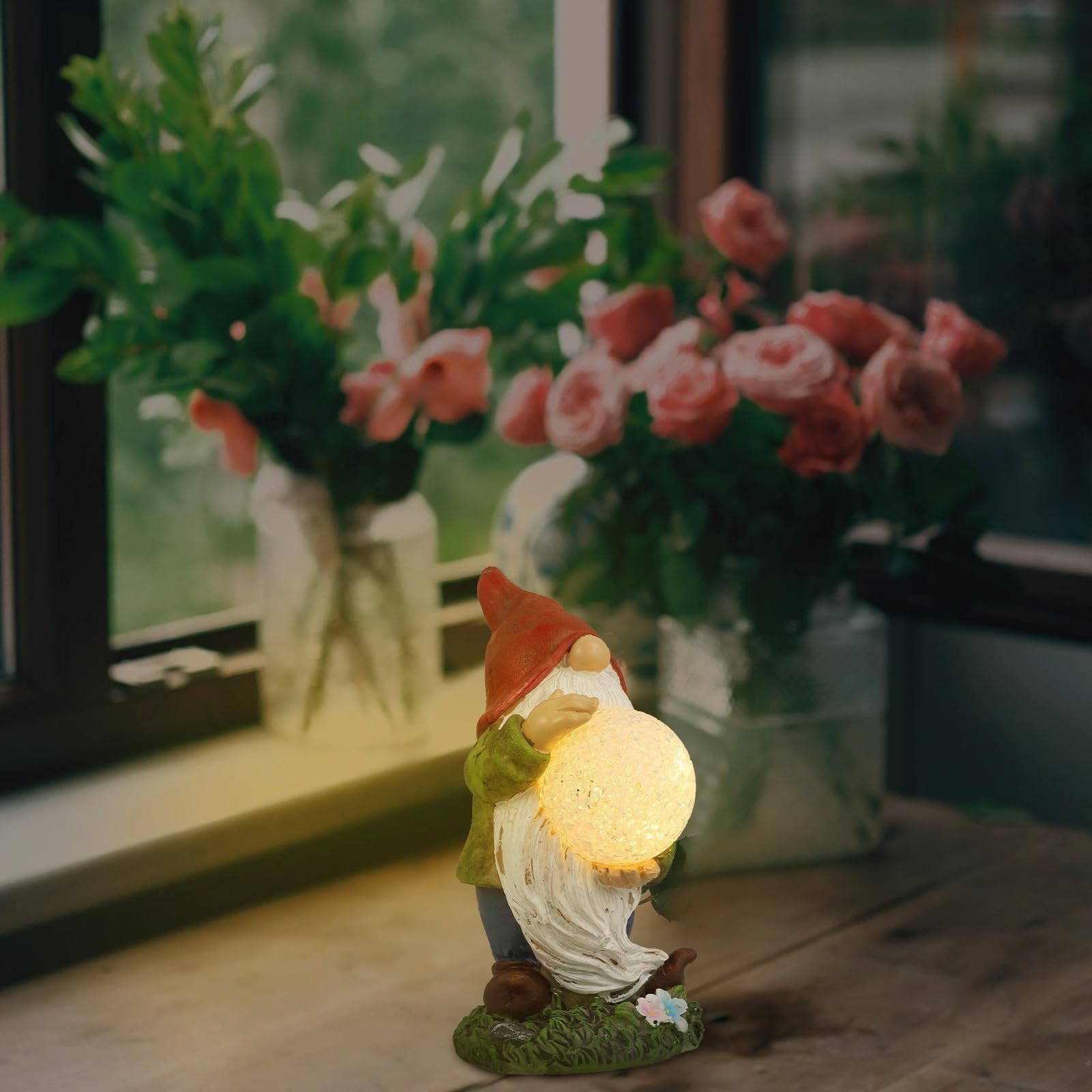 SHINEOFI Statua Gnomo Solare in Resina Verde, Luce Decorativa da Giardino