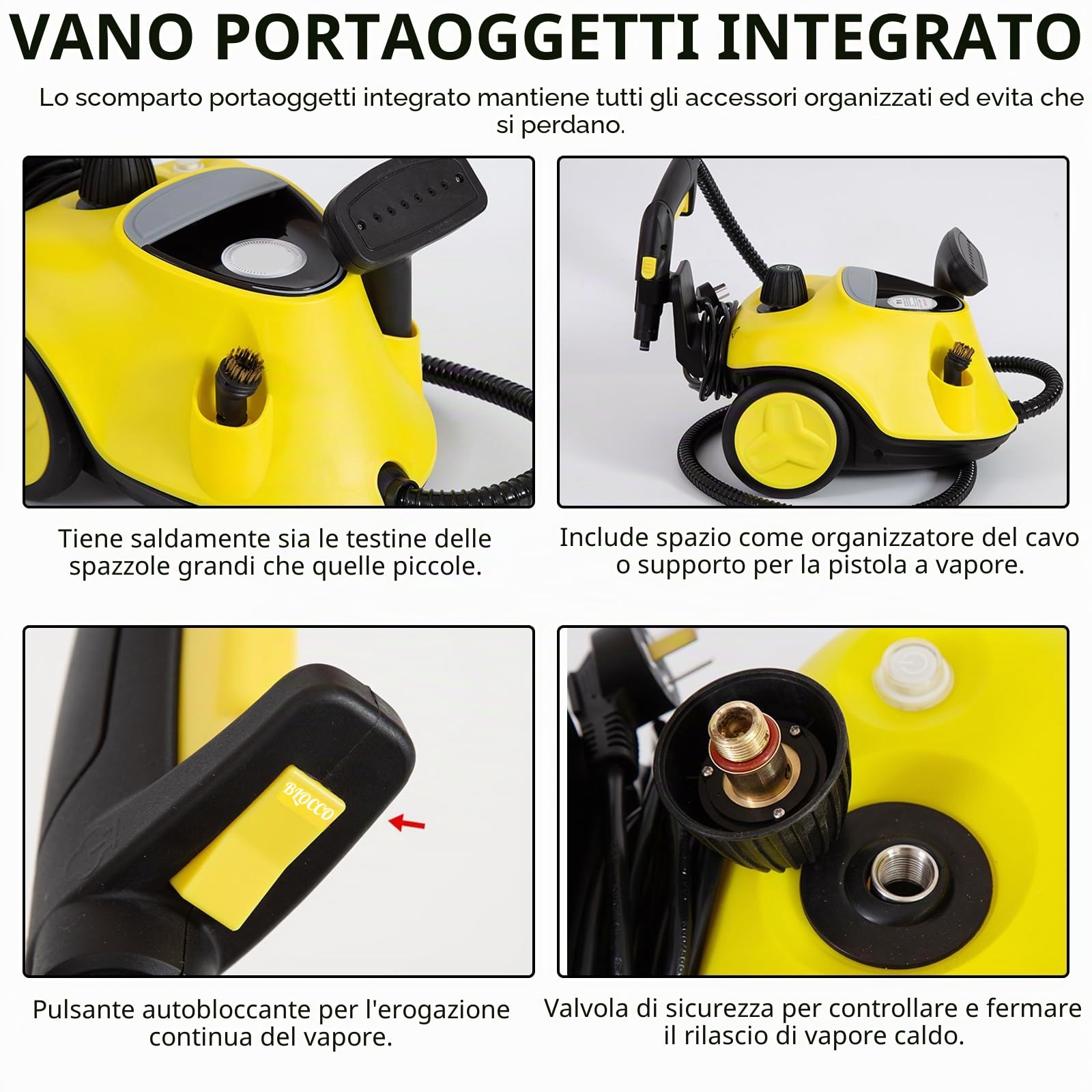 Pulitore a Vapore 2100 W con 29 Accessori, Serbatoio 2,1 L, Pressione 5 bar, Kit Pavimenti & Ugelli, Allarme Acqua Bassa, per Tappeti, Piastrelle, Vetri, Pavimenti (Nero)