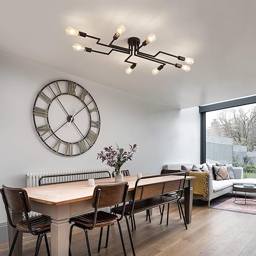Miniatura 9 de ZGLAOJT Lámpara de techo negra de 8 luces, moderna lámpara de techo semiempotrada, lámpara de metal para granja, comedor, sala de estar, dormitorio,