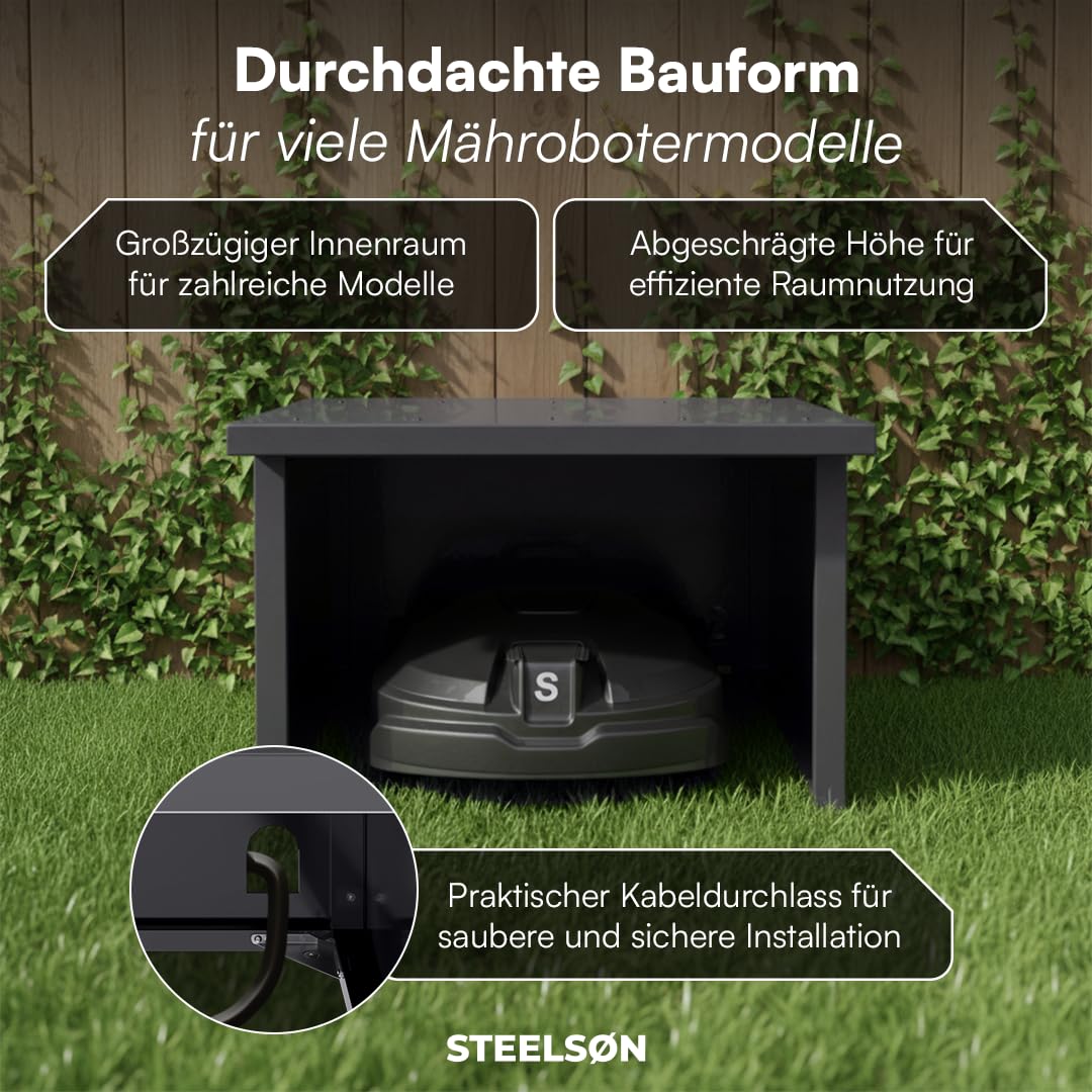 STEELSØN Drakon Mähroboter Garage Anthrazit – Rasenmähroboter Überdachung aus verzinktem Metall – Rasenroboter Haus mit Pultdach – Rasenmäher Garage UV-/wetterbeständig – für gängige Roboter Modelle