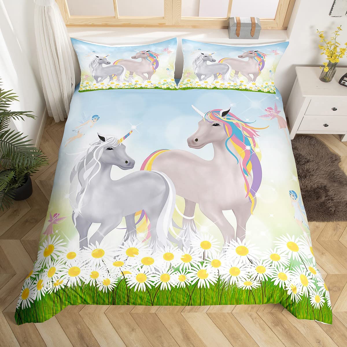Housse de couette licorne King Size avec parure de lit marguerite pour fille