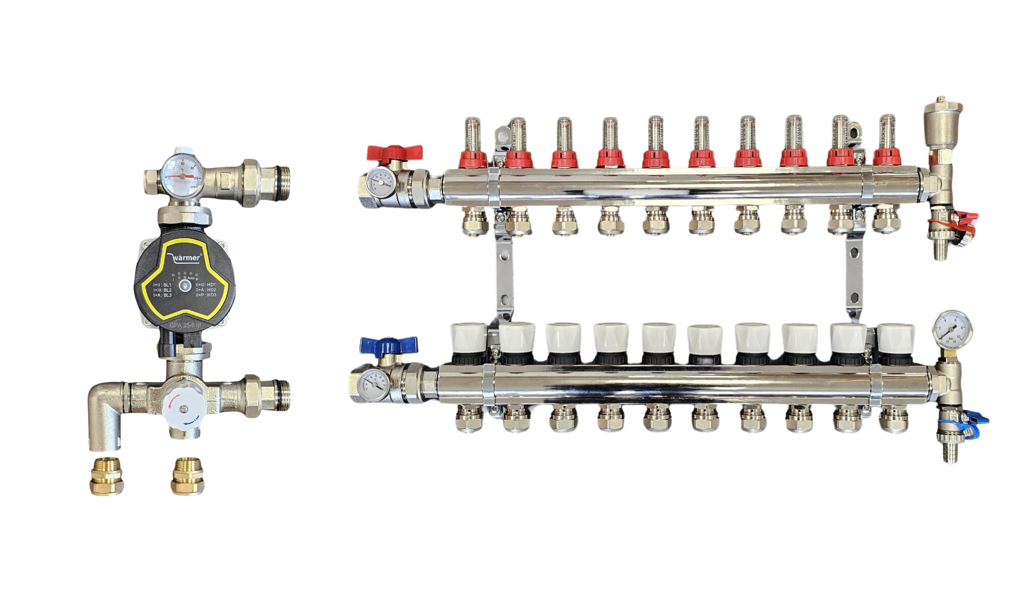 Wärmer System 10 Port Underfloor Heating Manifold with 'A' Rated Auto Pump GPA25-6 III and Blending Valve Set