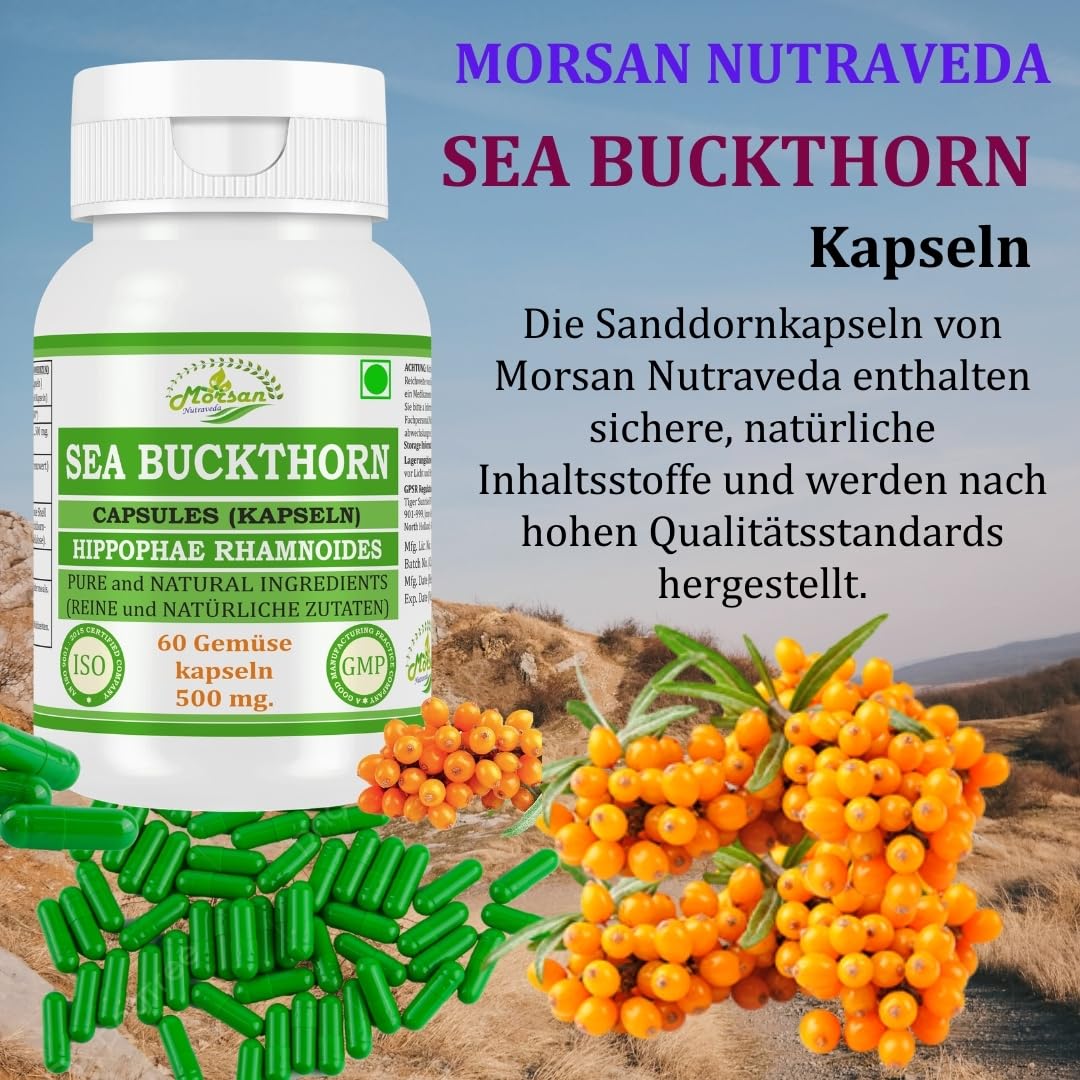 Sea Buchthorn-Kapseln 500 mg. 60 Veganer. Einheiten | Sea Buchthorn (Hippophae rhamnoides) Extrakt-Kapseln für Männer und Frauen | Ayurvedische Kräuterergänzung/Heilmittel (2 Flasche mit 60 Kapseln)