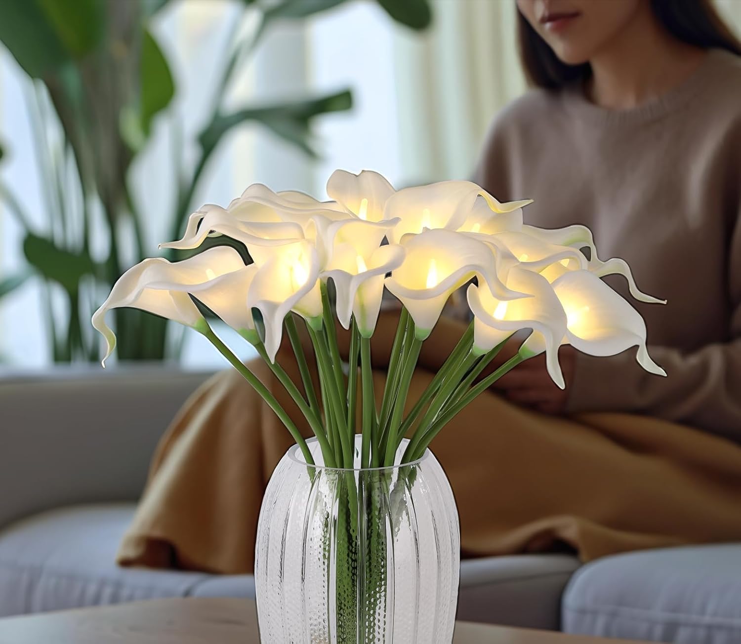LED Lighted Artificial Flowers Calla Lily Lamp 20 Stems Real Touch Calla Faux Flower Lights for Valentine's Day Gift and Easter Home Kitchen Wedding Dining Table Decor(White) - Image 6