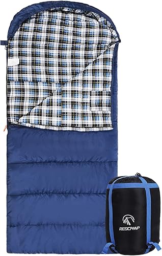 Vista 57 de REDCAMP Saco de dormir de franela para adultos, cómodos sacos de dormir de algodón para acampar con capucha desmontable, rojo/gris/azul