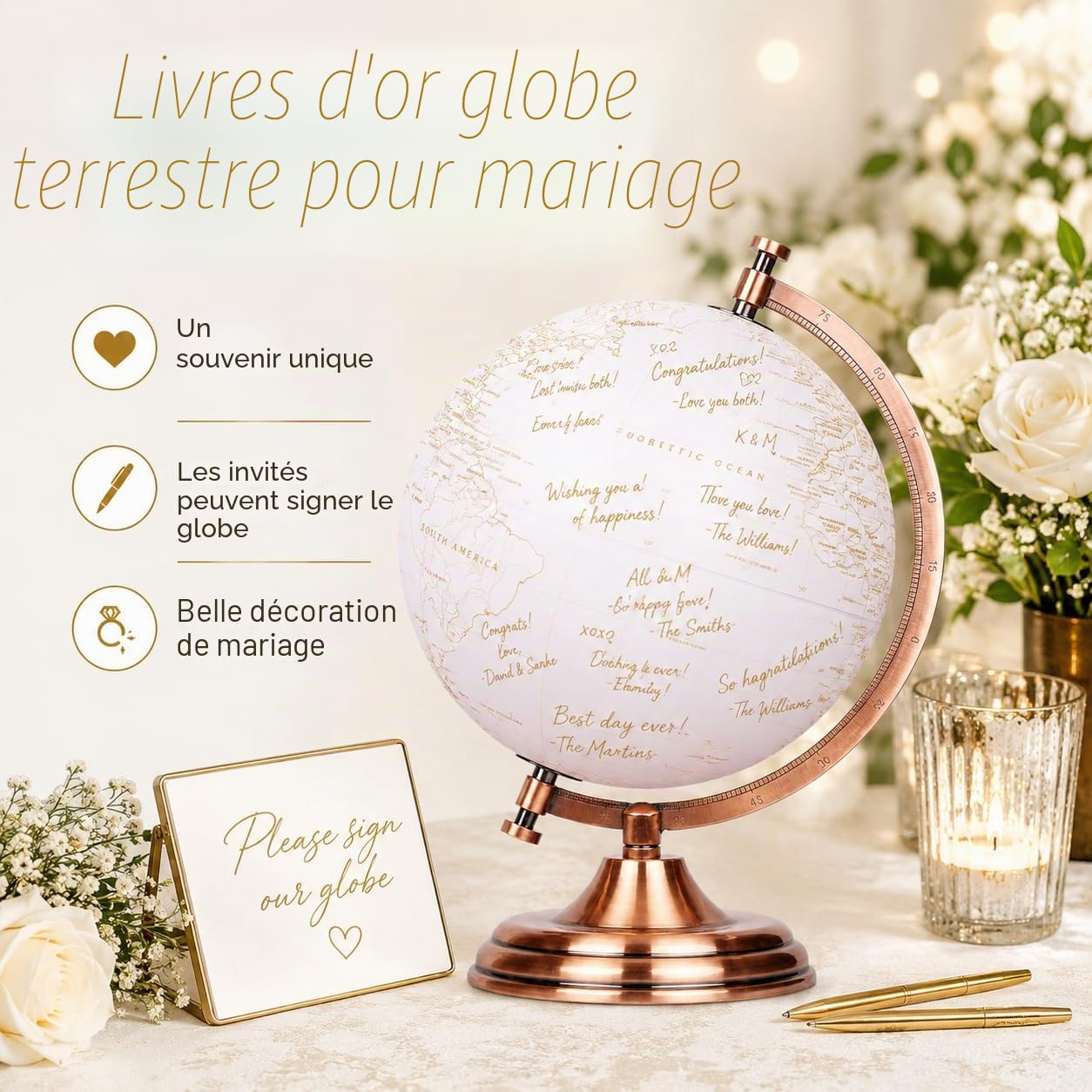 EXERZ 20cm Globe d'or Couleur Métallique - Carte en Anglais - Décoration De Bureau Éducative, Géographique Et Moderne - Arc Et Base En Métal, Revêtus De Couleur Dorée