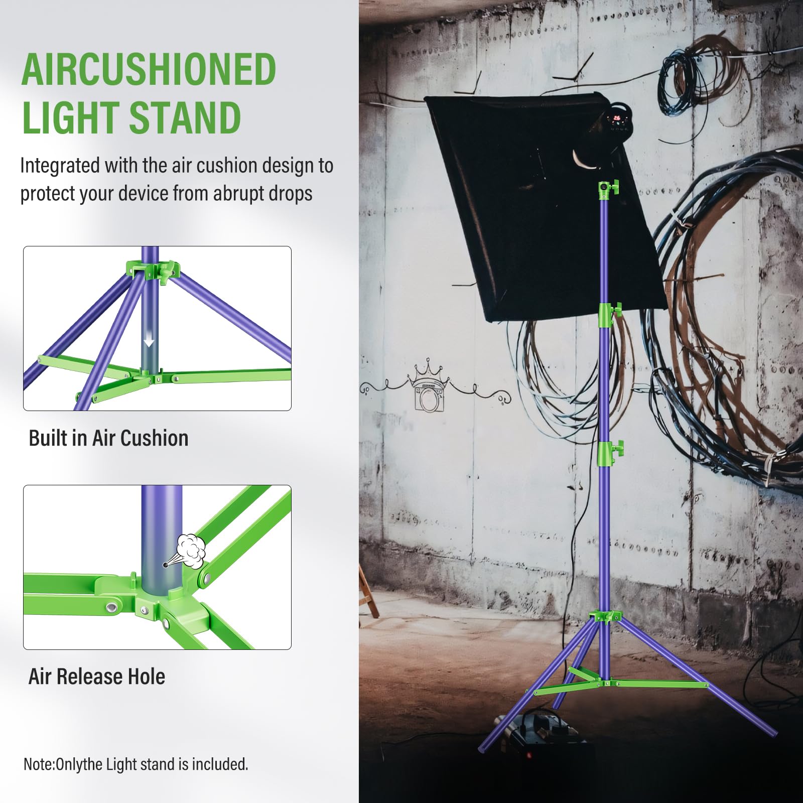 Soonpho Light Stand Pies Soporte Ligero de 280cm 9,1 Totalmente Metálico Amortiguador y Trípode Capacidad de Carga de 10kg para Fotografía en Exteriores y Retransmisiones en Directo (Morado&Verde)