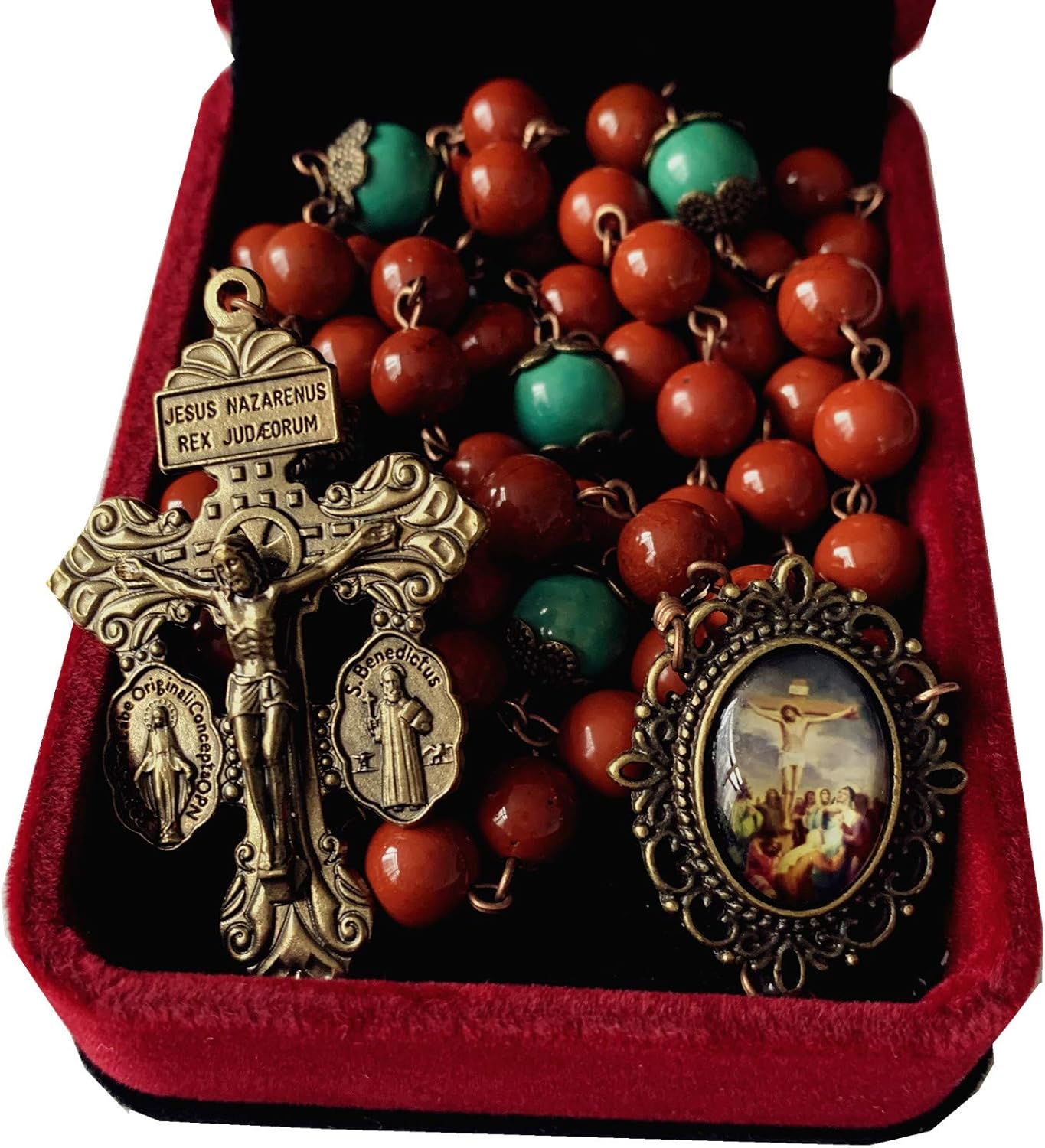 elegantmedical Hanmade Red Carnelian prayer beads & Howlite Father Beads Catholic Rosary Antiqued Bronze Pardon Crucifix Necklace jesus Cross gift box (red) - Image 3