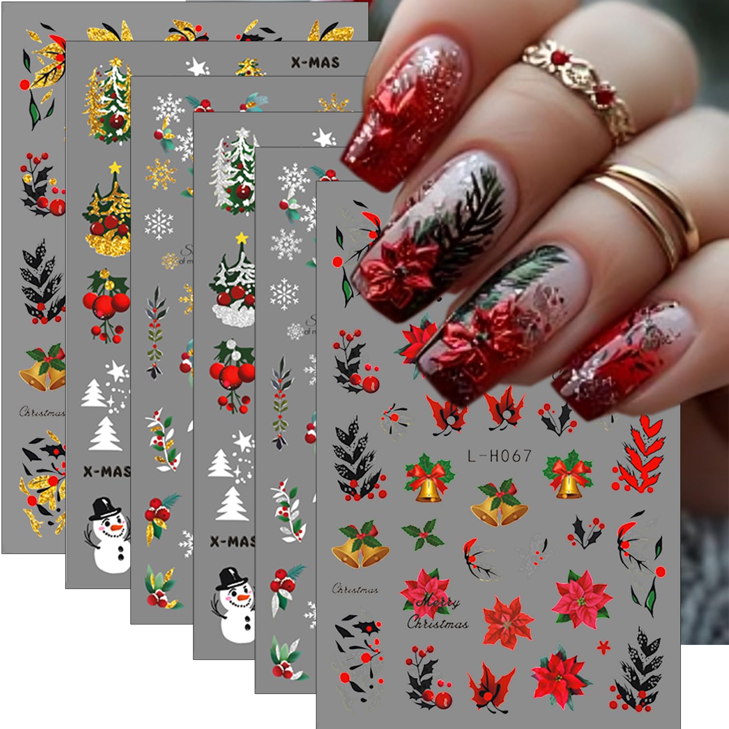 6Sheets Christmas Nail Stickers Gold Silver Glitter Self Adhesive Xmas Tree Flower Design Christmas Nail Decals 3D Winter Snowflake Nail Art Stickers