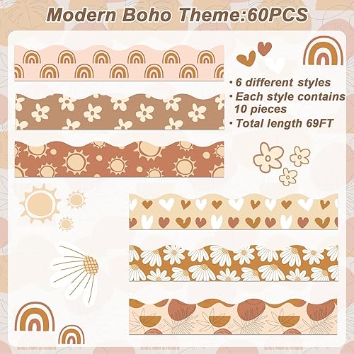 Miniatura 3 de Tablero de anuncios moderno bohemio de 69 pies, decoración bohemia con borde recto, calcomanías retro para tablón de anuncios con margaritas