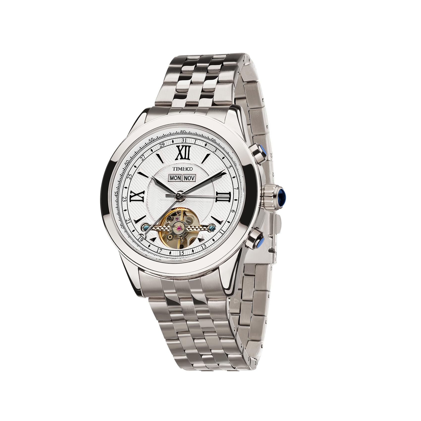 TIME100 Relojes Automáticos Mecánicos para Hombre con Diseño Skeleton, Correa de Acero o Cuero, Calendario Multifunción y Resistencia al Agua