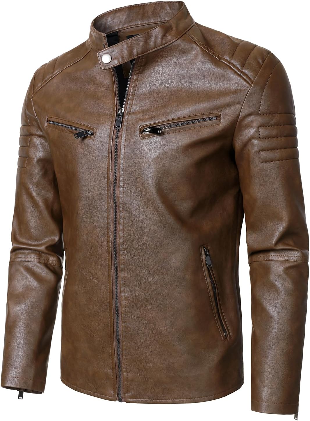 HOOD CREW Men’s Faux Leather Motorcycle Jackets Stand-up Collar Leather Jacket Vintage Coats Outwear - Image 3