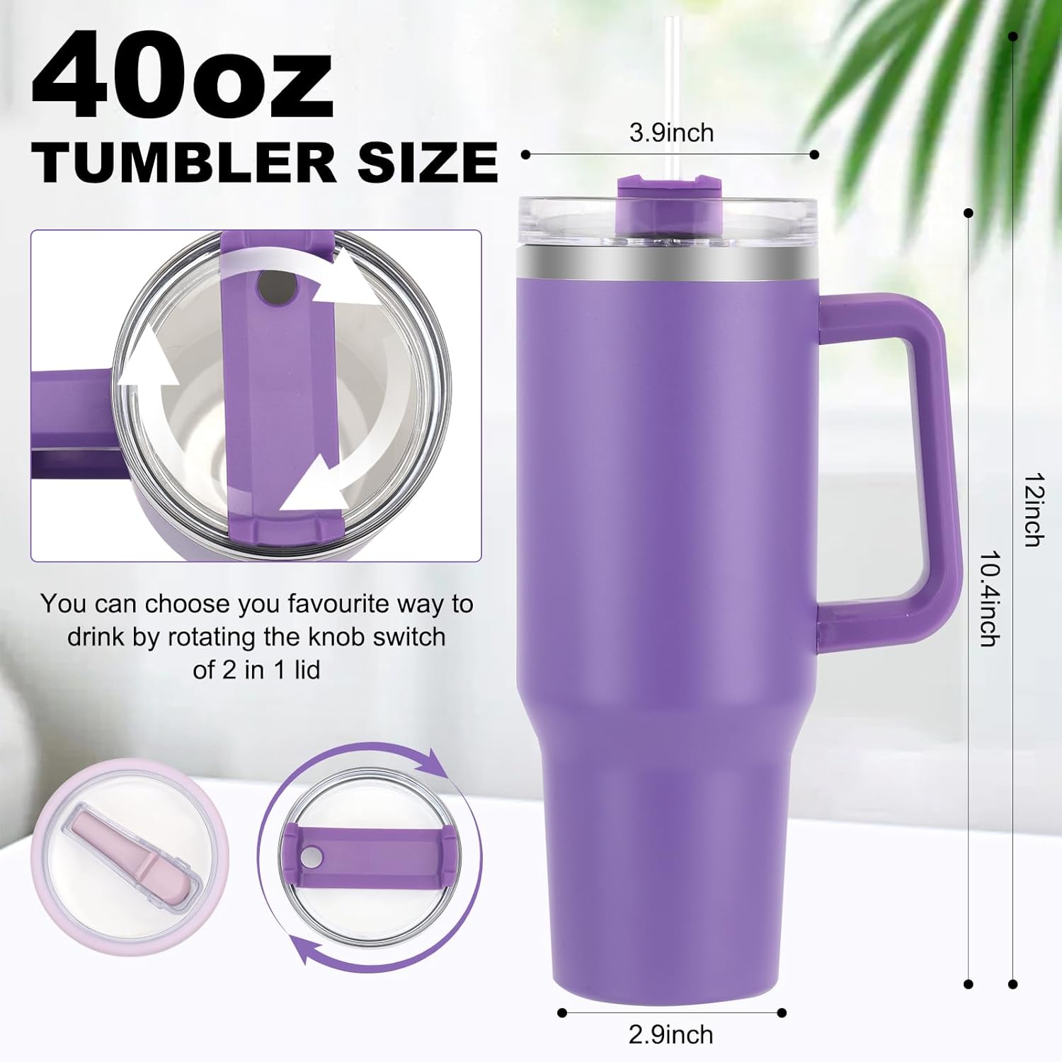 40 oz Tumbler with Handle and Flip Straw Lid, Vacuum Insulated Leak Proof Double Walled Stainless Steel Travel Mug Tumblers, Maintains Cold Ice and Heat for Hours(Dark Purple) - Image 3