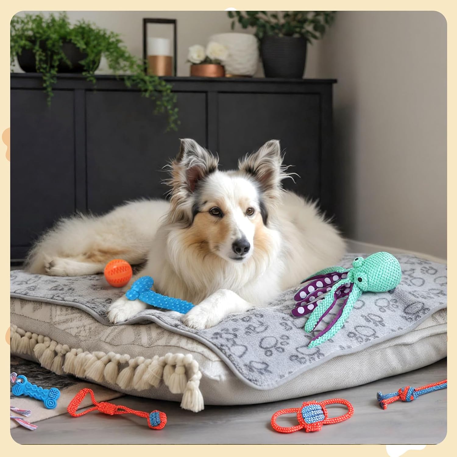 Zopeal 17 Pcs Puppy Gift Set, Dog Toy & Essentials Bundle with Chew Toys, Poop Bag Dispenser, Grooming Brush, Training Bell, Blanket & Rope Basket