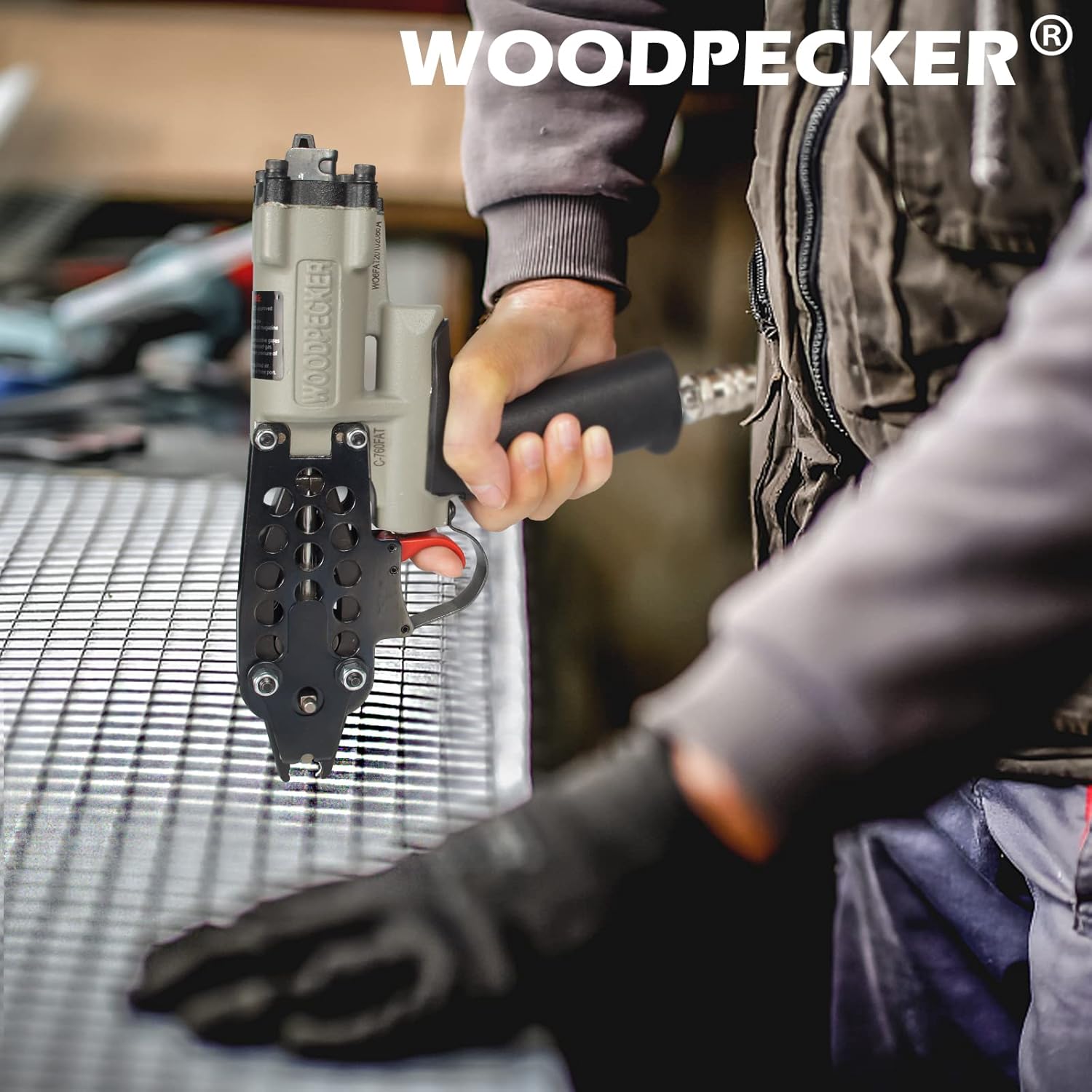 WOODPECKER C-760FA 16 Guage Pneumatic Hog Ring Gun, Standard 3.0 mm to 4.8 mm Closure Diameter, 1/2-Inch Crown Hog Ring Staples, Air Hog Ring Plier Tool for Wire Cages, Seat Making, Fencing