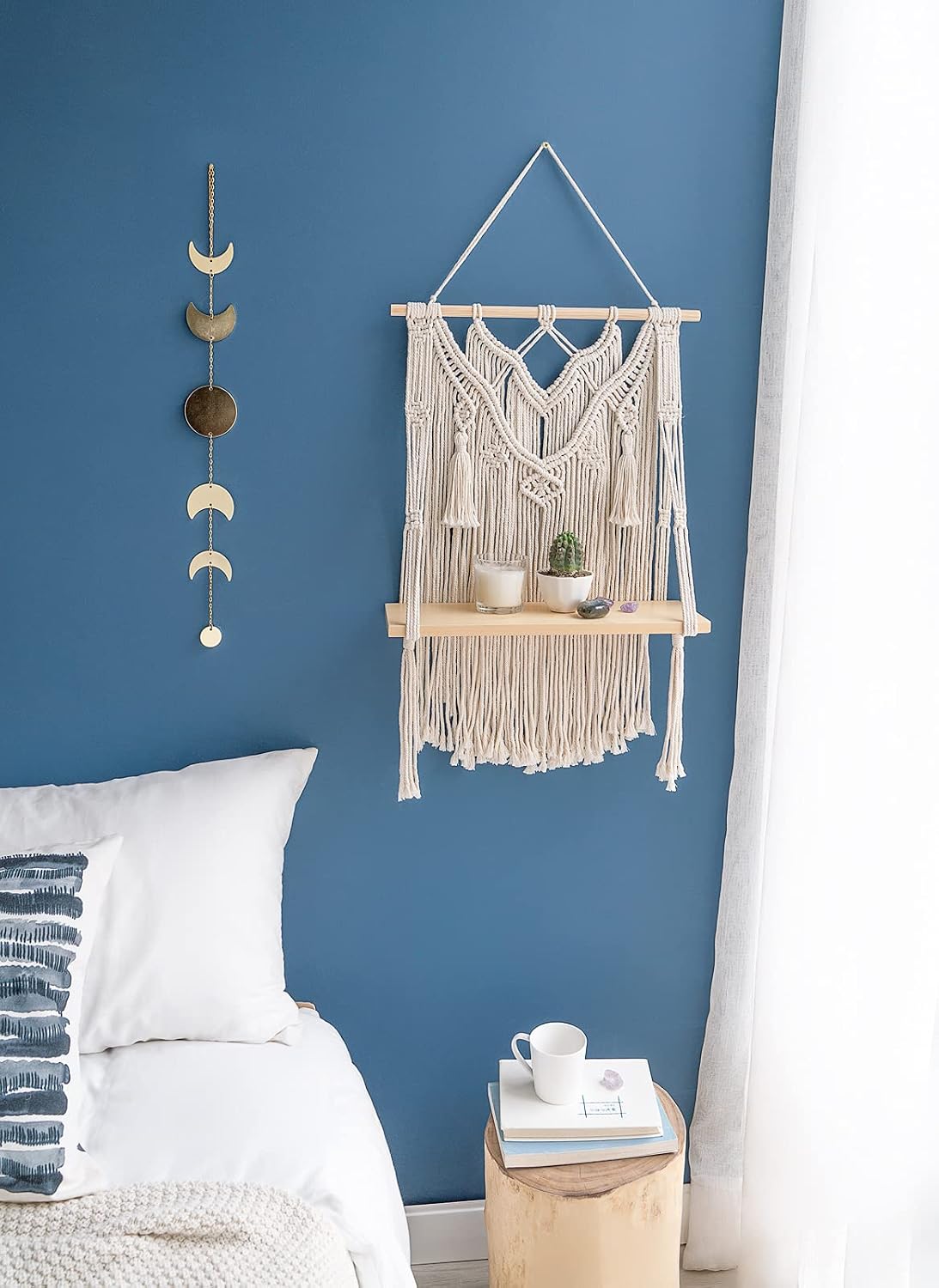 Mkono Macrame Wall Hanging Shelf Boho Decor Wood Floating Shelf for Bedroom Living Room Nursery Bathroom, Handmade Woven Rope Storage Rack for Photo Frames Plant Display