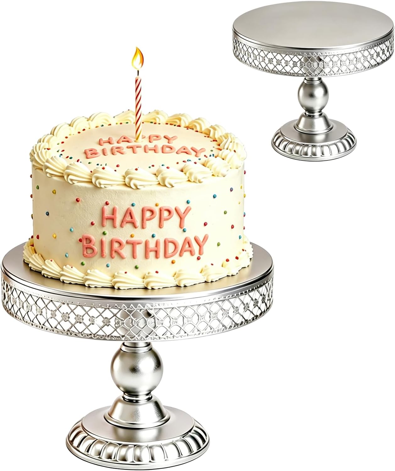 Silver Metal Cake Stand 9.85" Round Vintage Dessert Stand Sturdy Single-Tier Cupcake Stand for Cakes Cupcakes & Cookies Polished Silver Finish Easy to Assemble & Clean for Wedding Birthday Baby Shower Anniversary & Celebrations